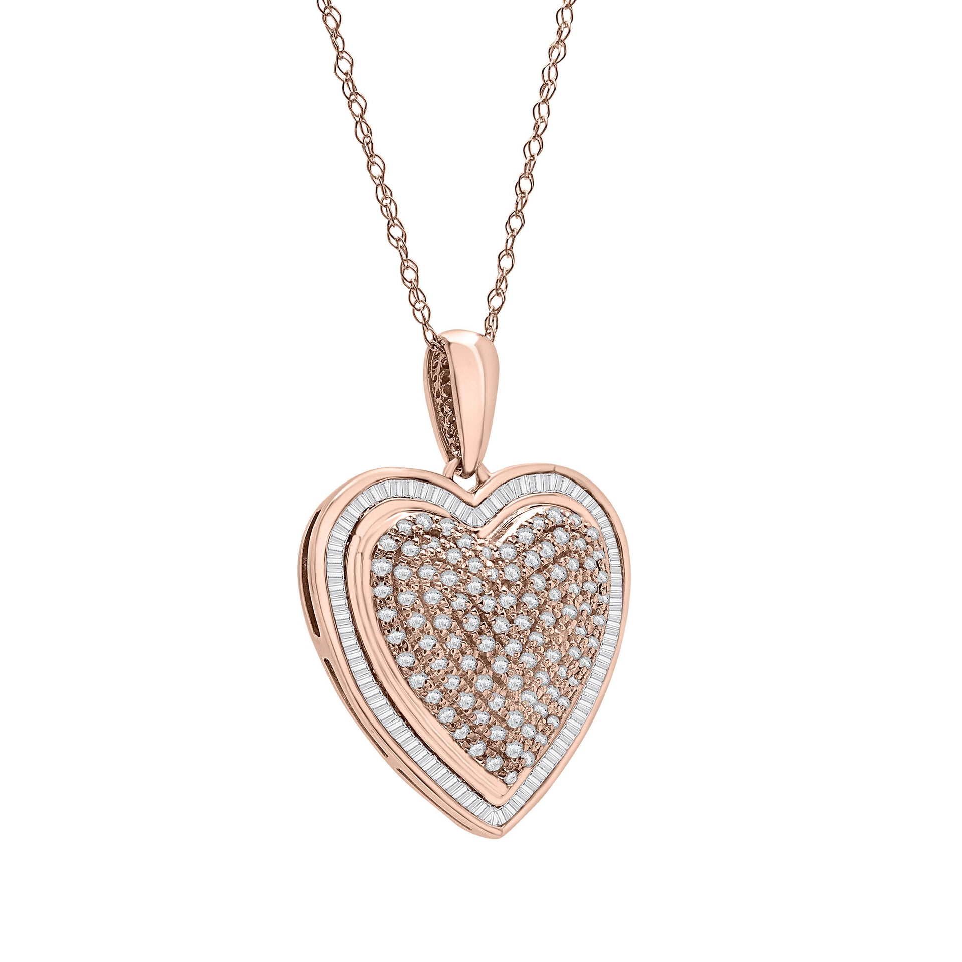 Round and Baguette Diamond Heart Pendant in 10K Rose Gold (1/2 ct. tw.)