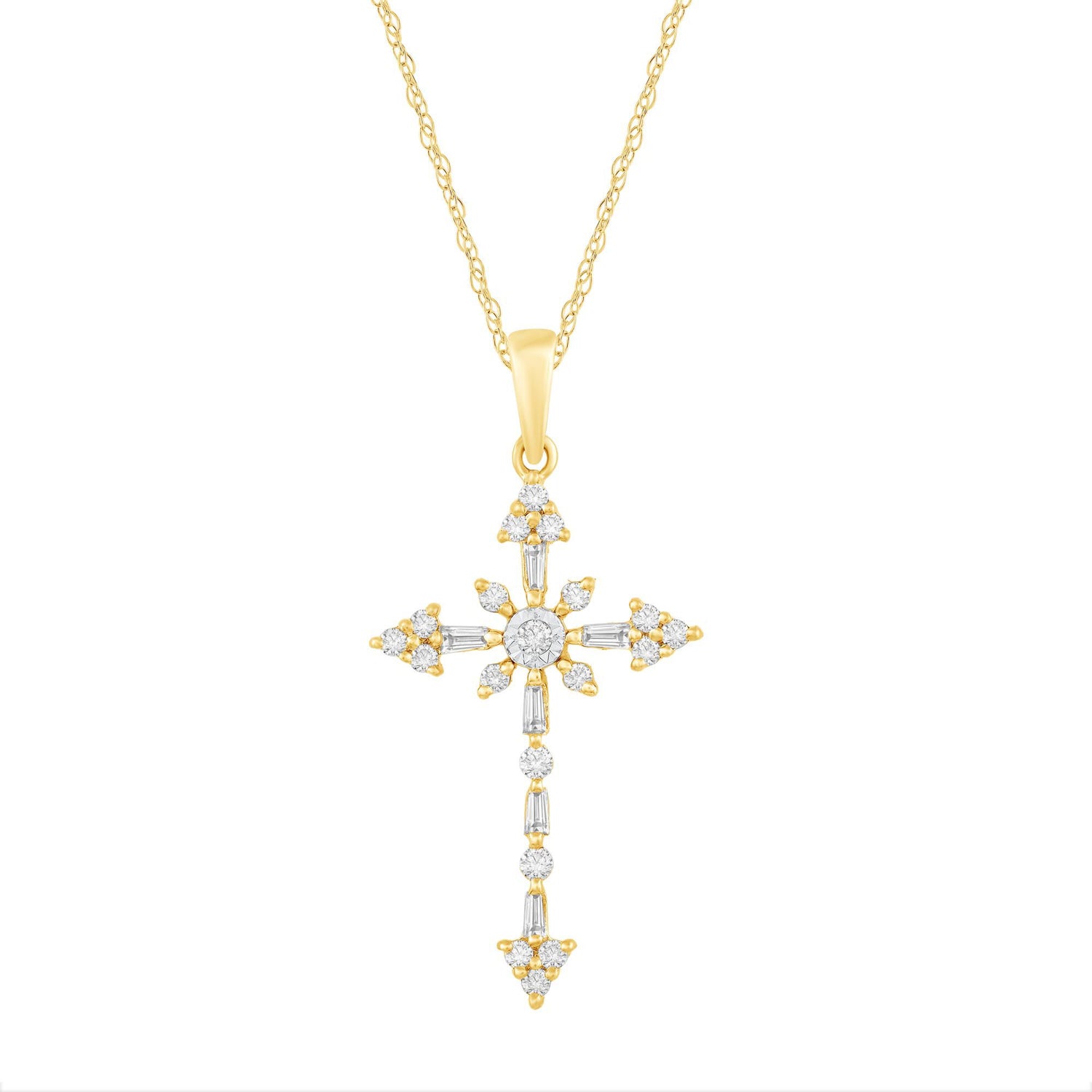 Round and Baguette Diamond Cross Pendant in 10K Yellow Gold (1/4 ct. tw.)