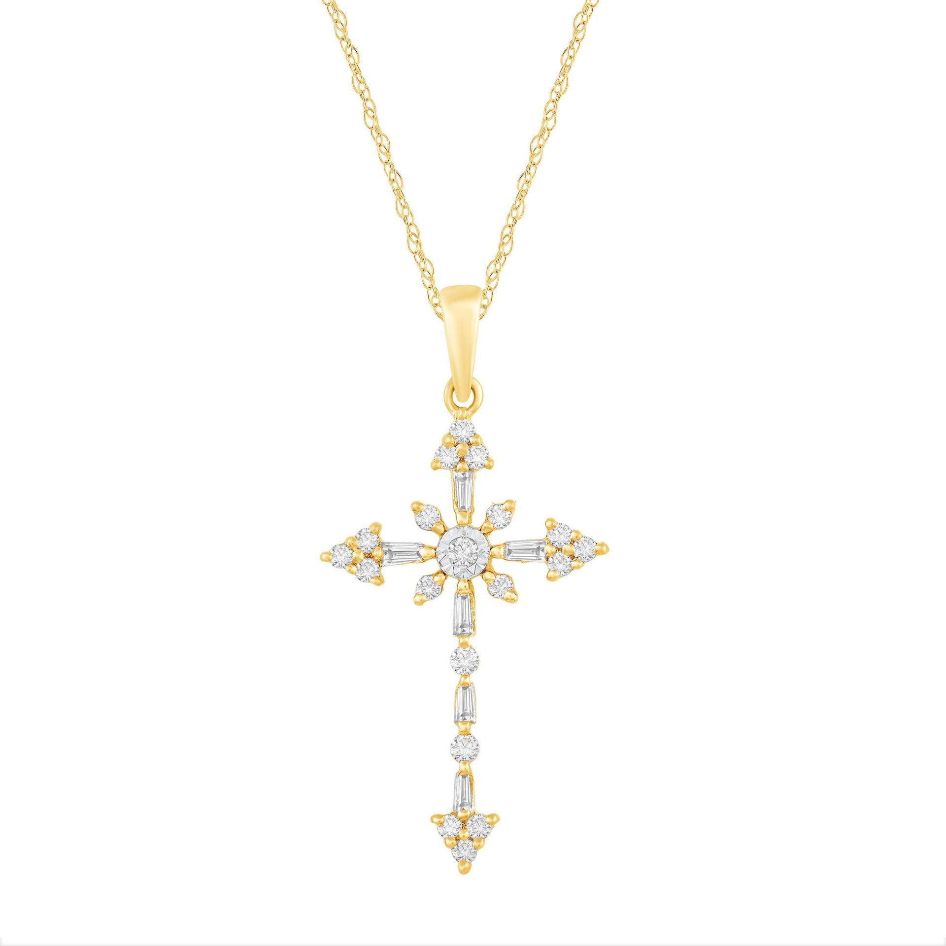 Round and Baguette Diamond Cross Pendant in 10K Yellow Gold (1/4 ct. tw.)