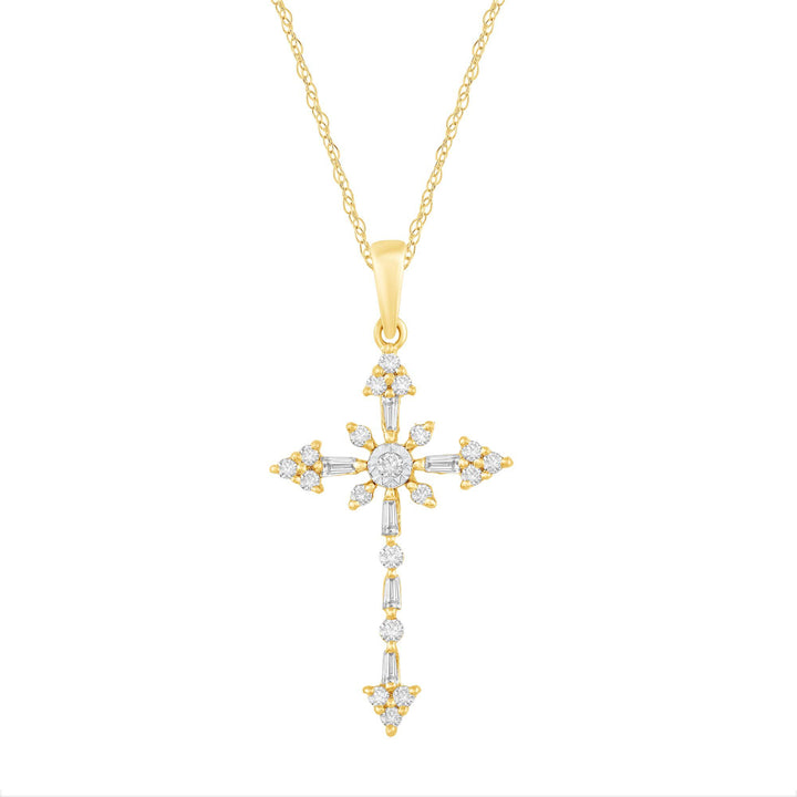 Round and Baguette Diamond Cross Pendant in 10K Yellow Gold (1/4 ct. tw.)
