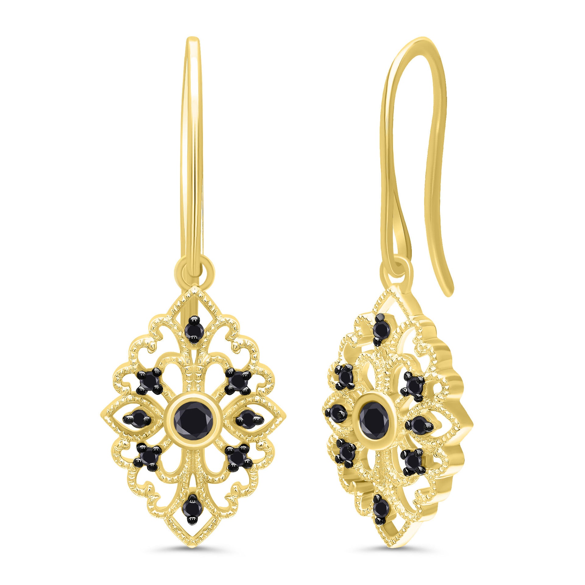 Vintage-Style Milgrain Black Diamond Earrings in 10K Yellow Gold (1/7ct. tw.)