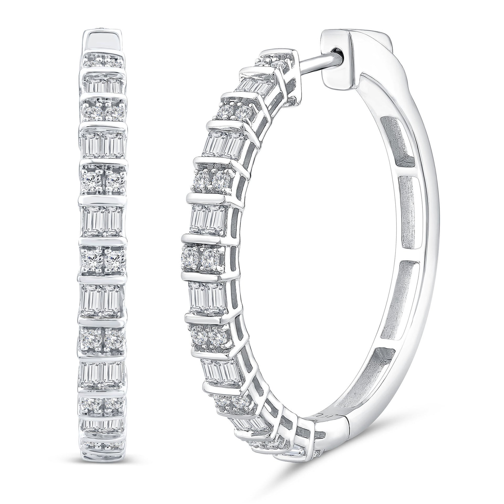 Round and Baguette Diamond Hoop Earrings in 14K White Gold (1 ct. tw.)