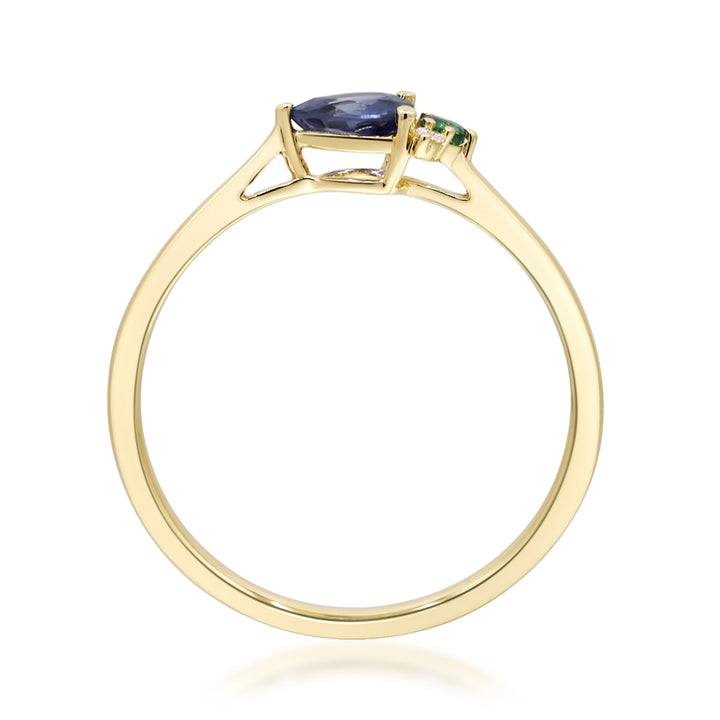 Blue Sapphire, Emerald and Diamond Ring in 10K Yellow Gold (1/7 ct. tw.)