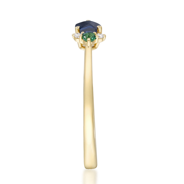 Blue Sapphire, Emerald and Diamond Ring in 10K Yellow Gold (1/7 ct. tw.)