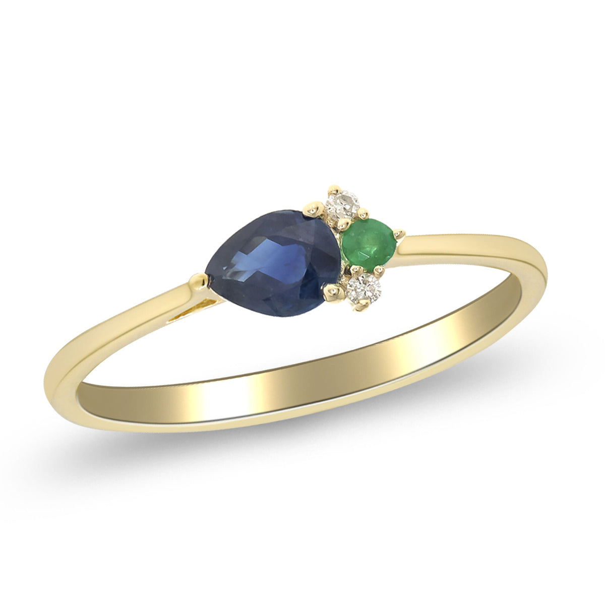 Blue Sapphire, Emerald and Diamond Ring in 10K Yellow Gold (1/7 ct. tw.)
