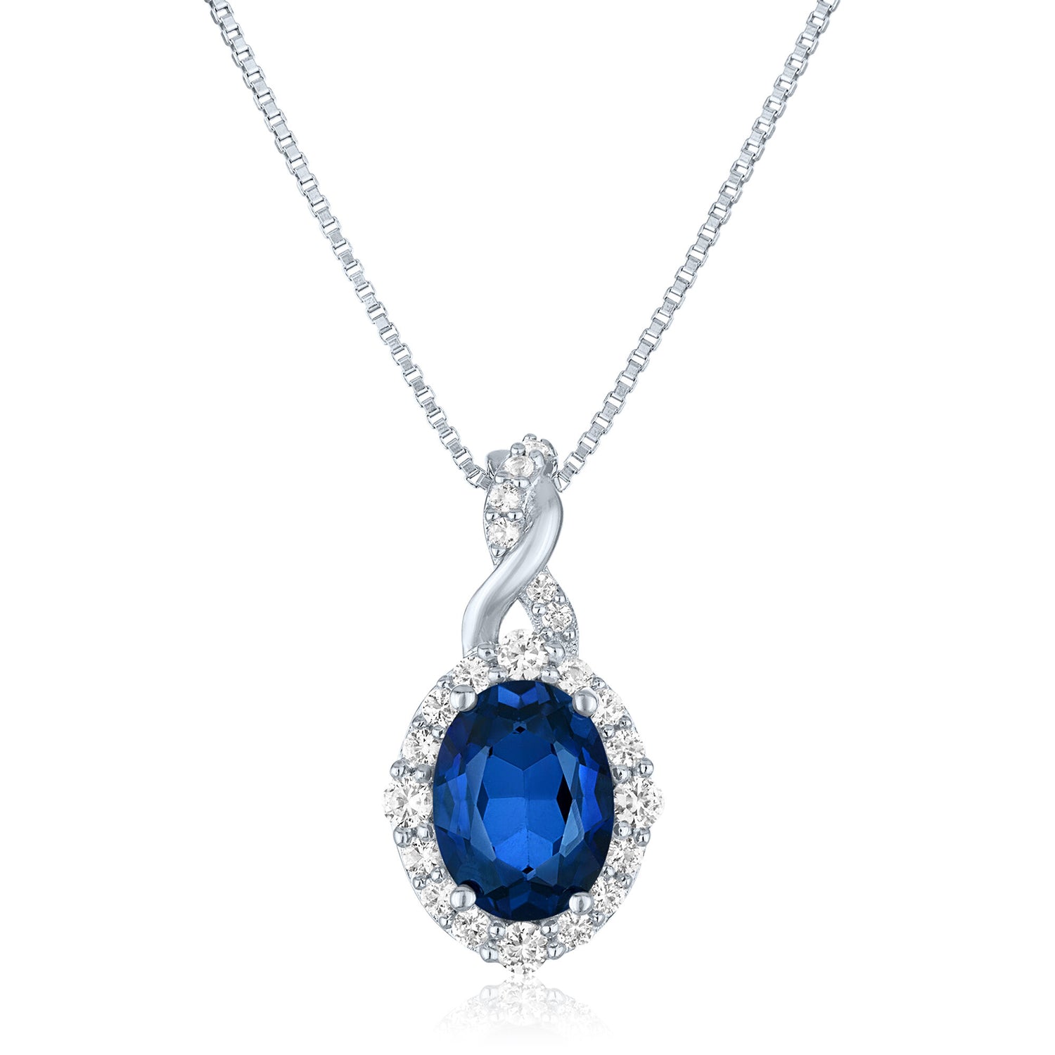 Lab-Created Blue Sapphire and Lab-Created White Sapphire Halo Pendant in Sterling Silver