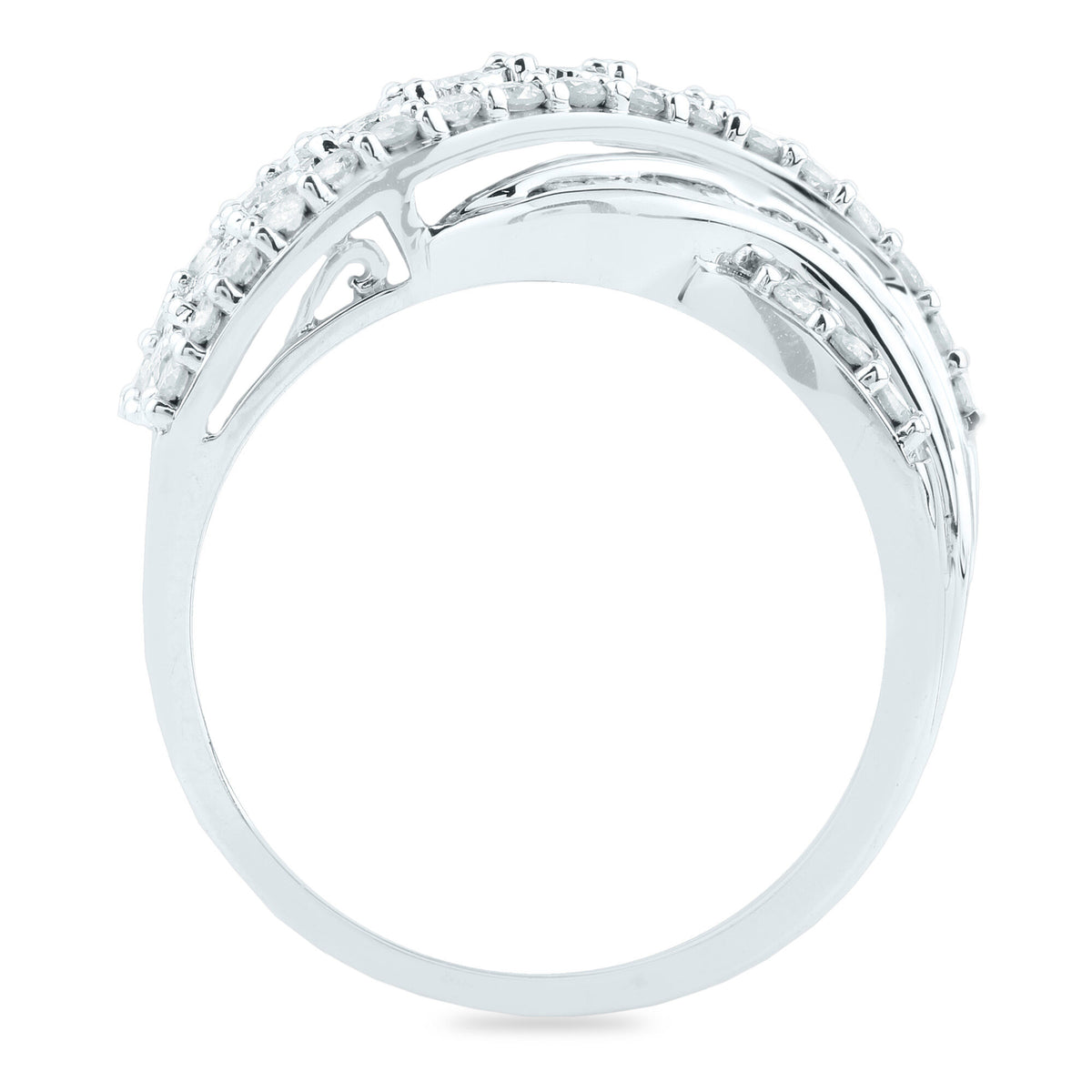 Round and Baguette Diamond Crossover Ring in 10K White Gold (1 ct. tw.)