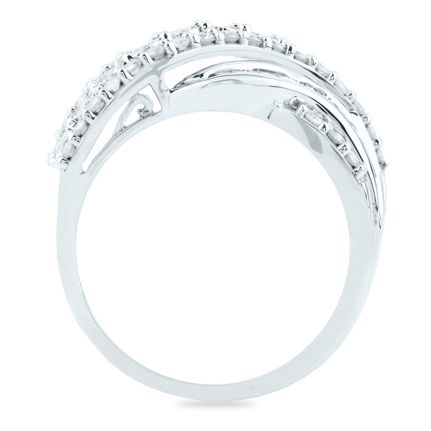 Round and Baguette Diamond Crossover Ring in 10K White Gold (1 ct. tw.)