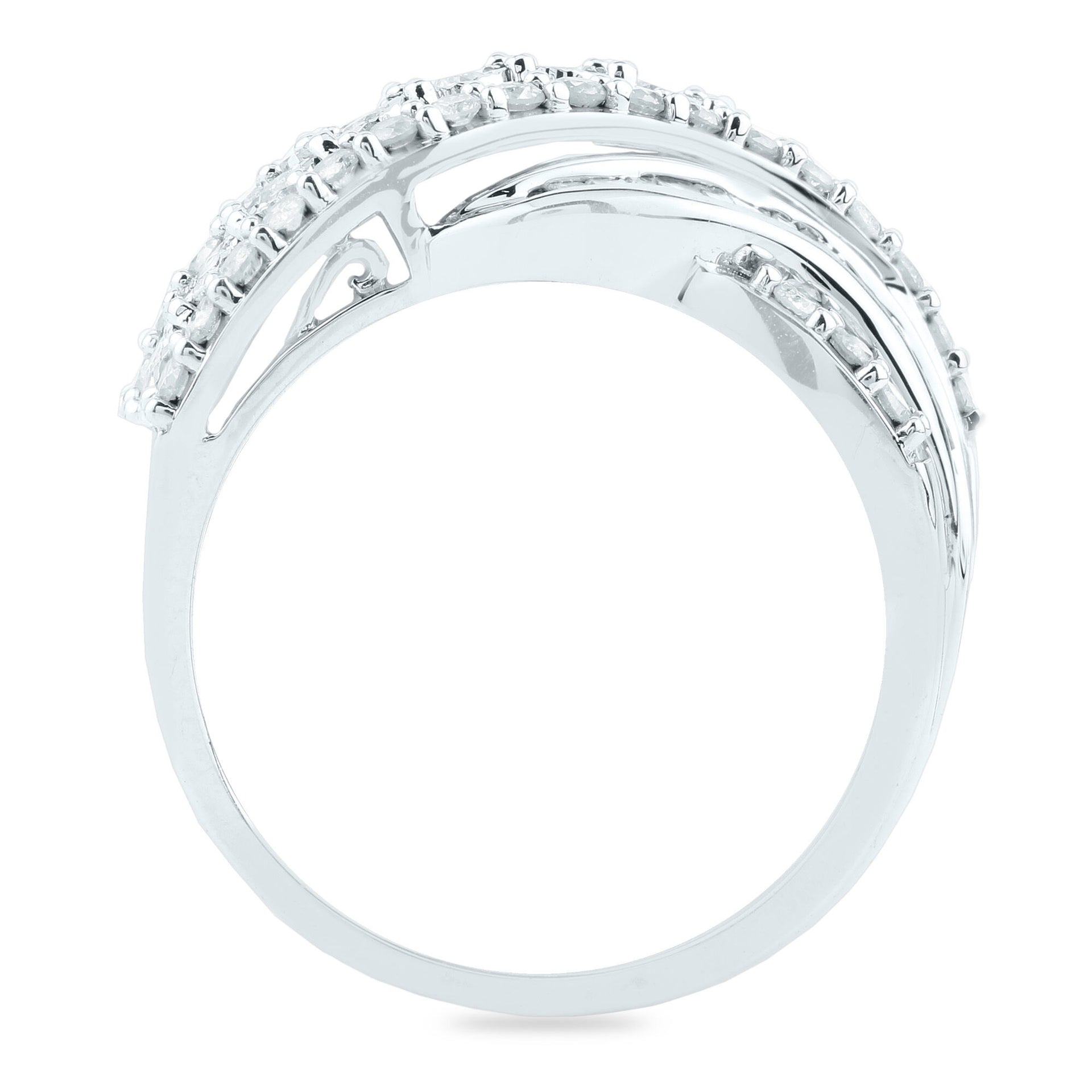 Round and Baguette Diamond Crossover Ring in 10K White Gold (1 ct. tw.)