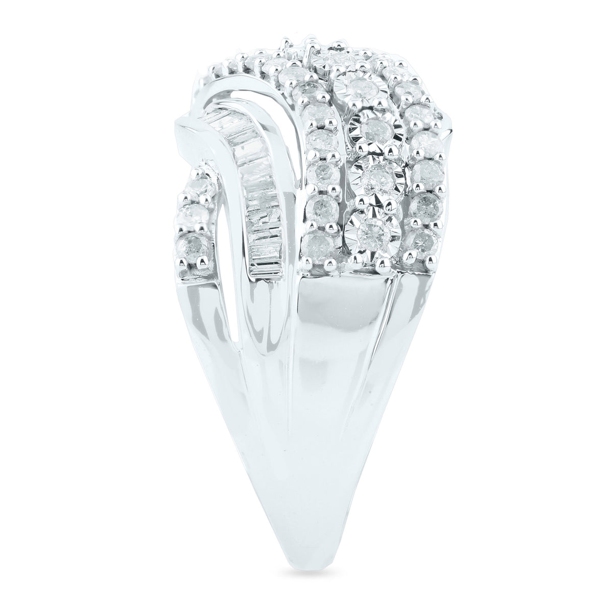 Round and Baguette Diamond Crossover Ring in 10K White Gold (1 ct. tw.)