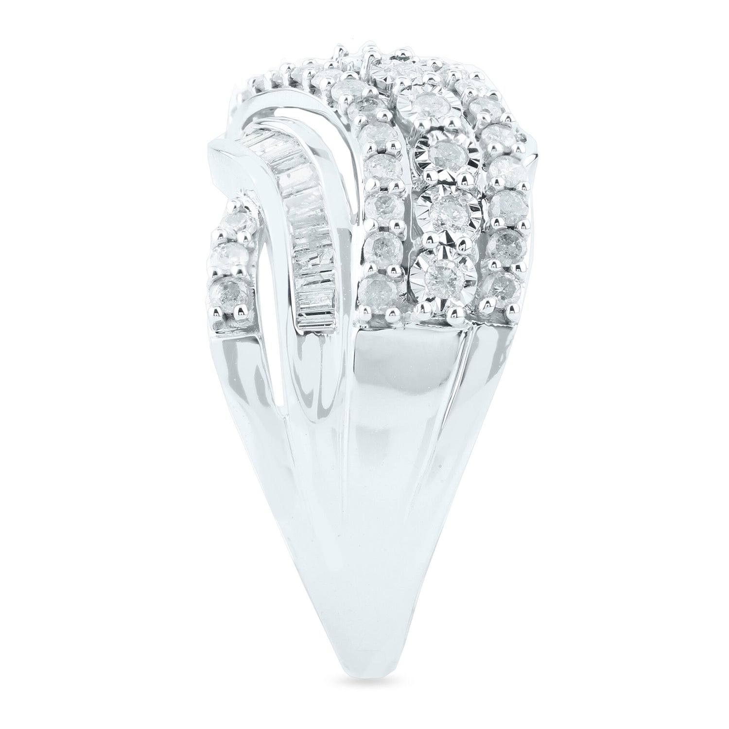 Round and Baguette Diamond Crossover Ring in 10K White Gold (1 ct. tw.)