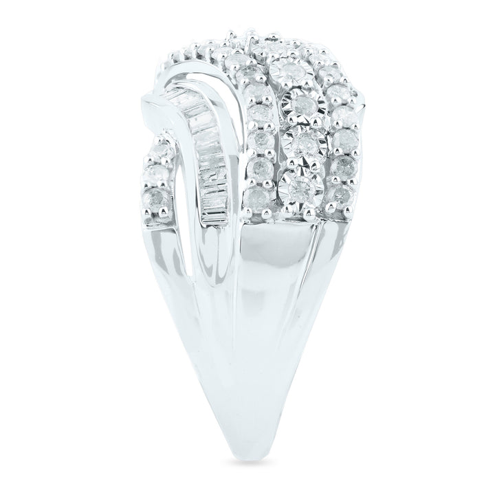 Round and Baguette Diamond Crossover Ring in 10K White Gold (1 ct. tw.)