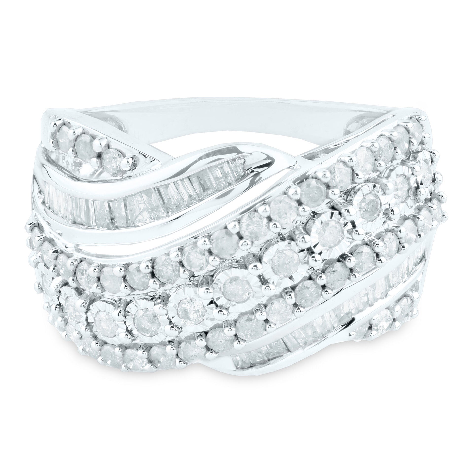 Round and Baguette Diamond Crossover Ring in 10K White Gold (1 ct. tw.)