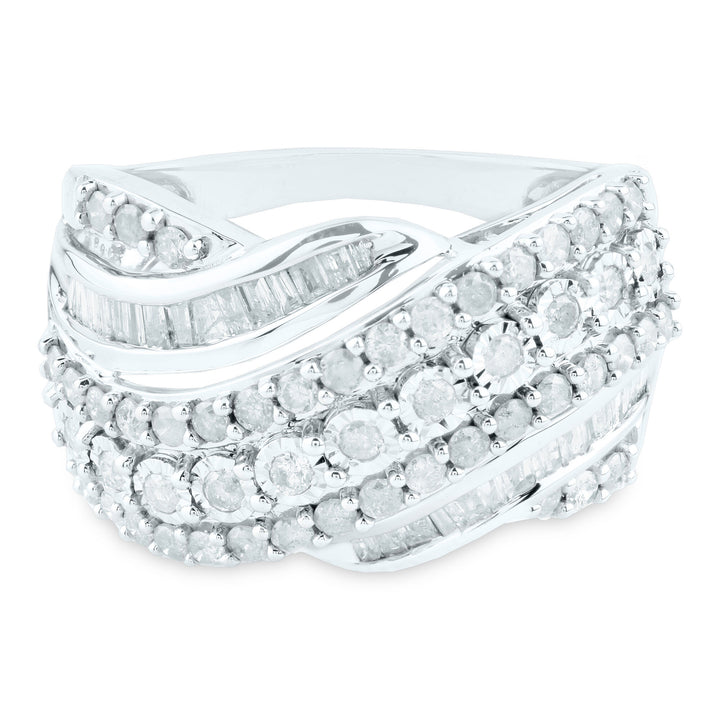 Round and Baguette Diamond Crossover Ring in 10K White Gold (1 ct. tw.)