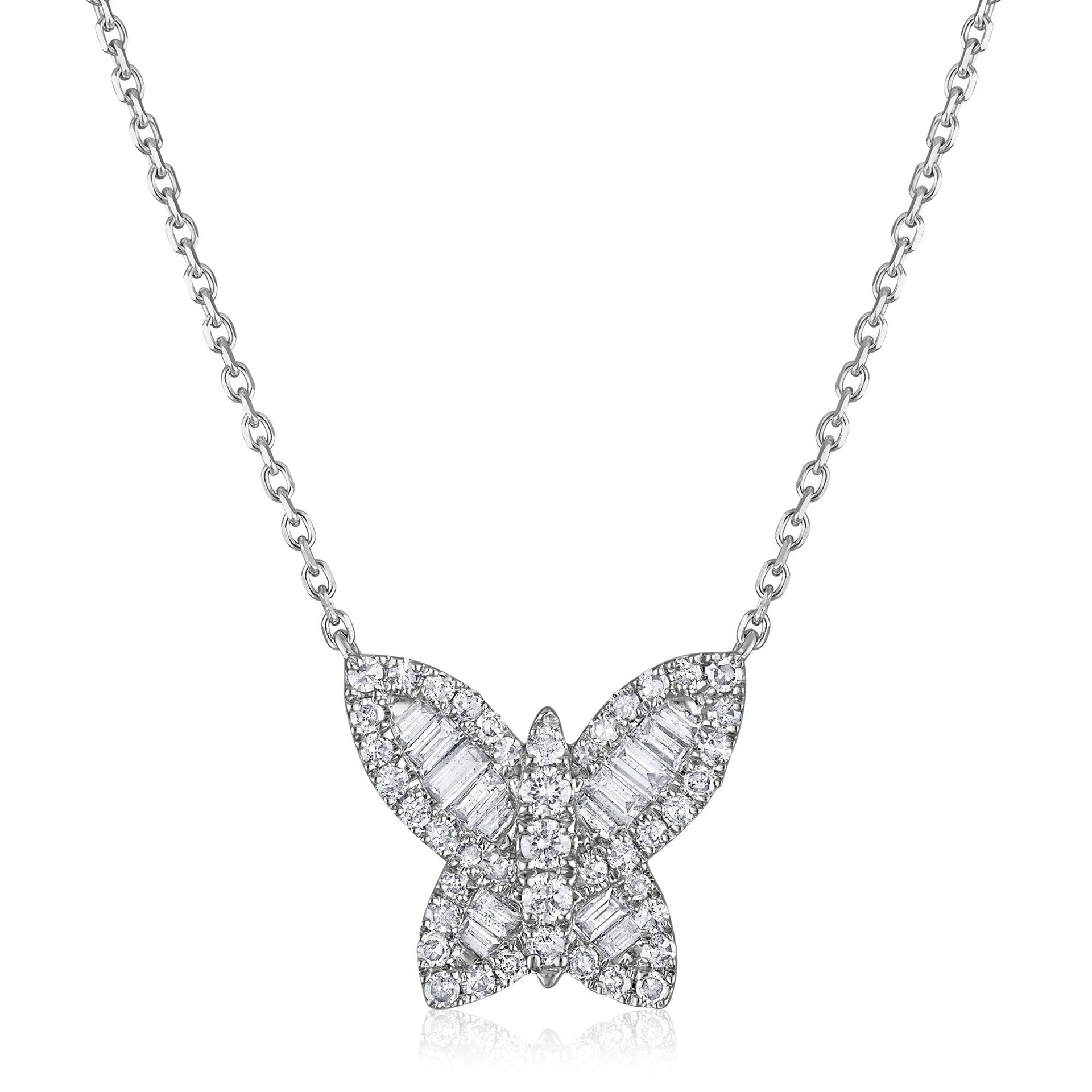 Baguette and Round Diamond Butterfly Pendant in 10K White Gold (1/2 ct. tw.)