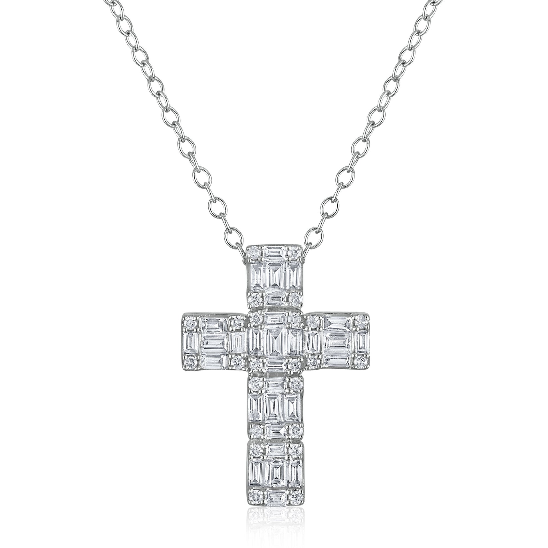 Baguette and Round Diamond Cross Pendant in 10K White Gold (1/2 ct. tw.)