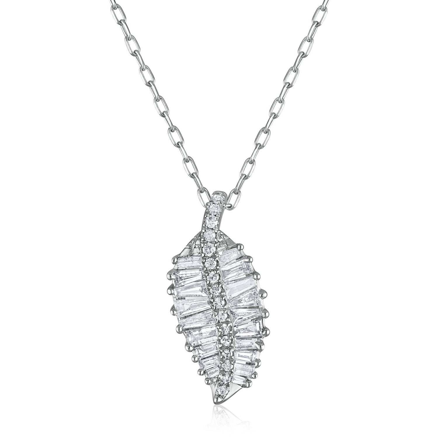 Baguette and Round Diamond Leaf Pendant in 10K White Gold (1/3 ct. tw.)