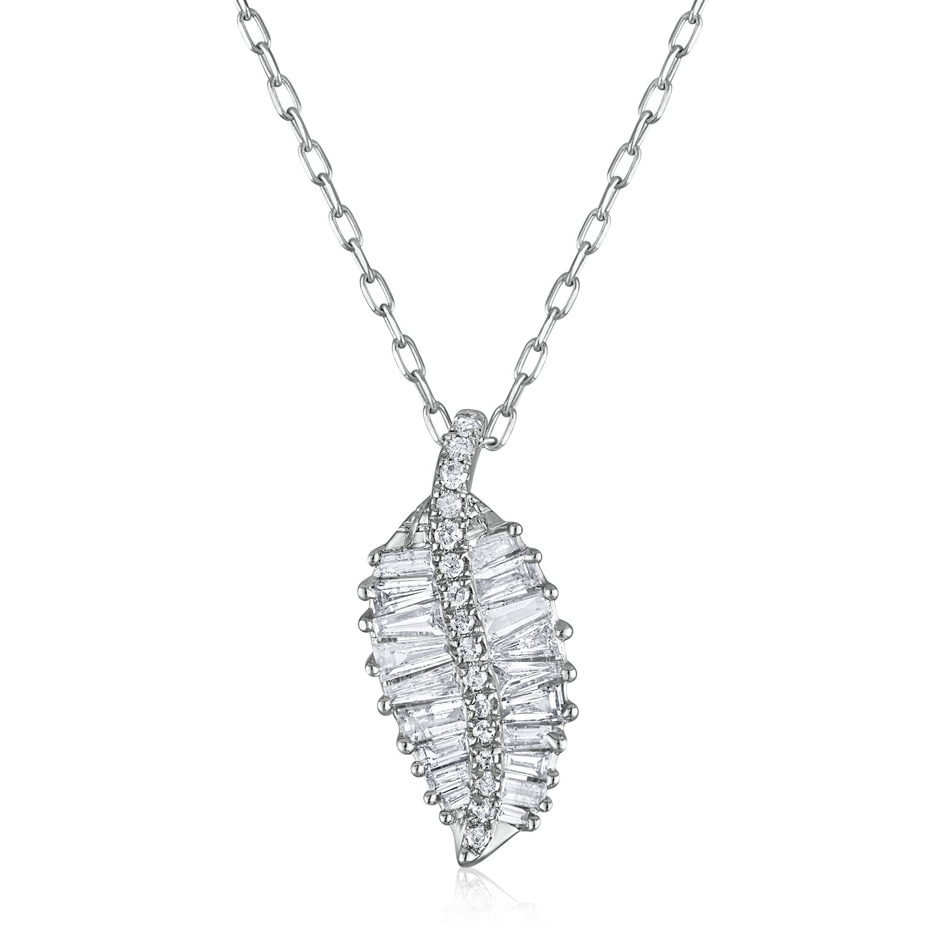 Baguette and Round Diamond Leaf Pendant in 10K White Gold (1/3 ct. tw.)