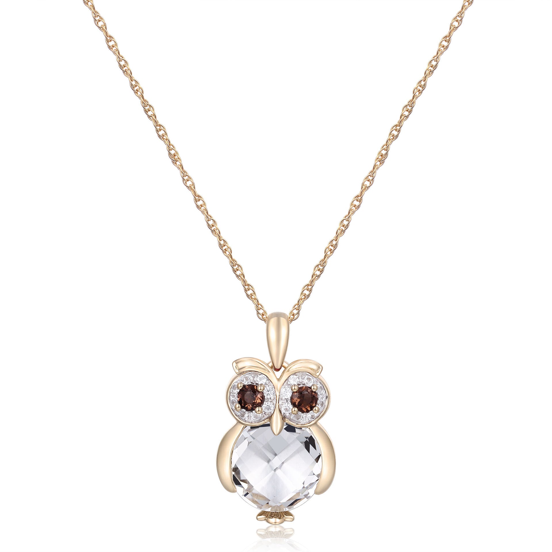 Quartz and Lab-Created White Sapphire Owl Pendant in 10K Yellow Gold
