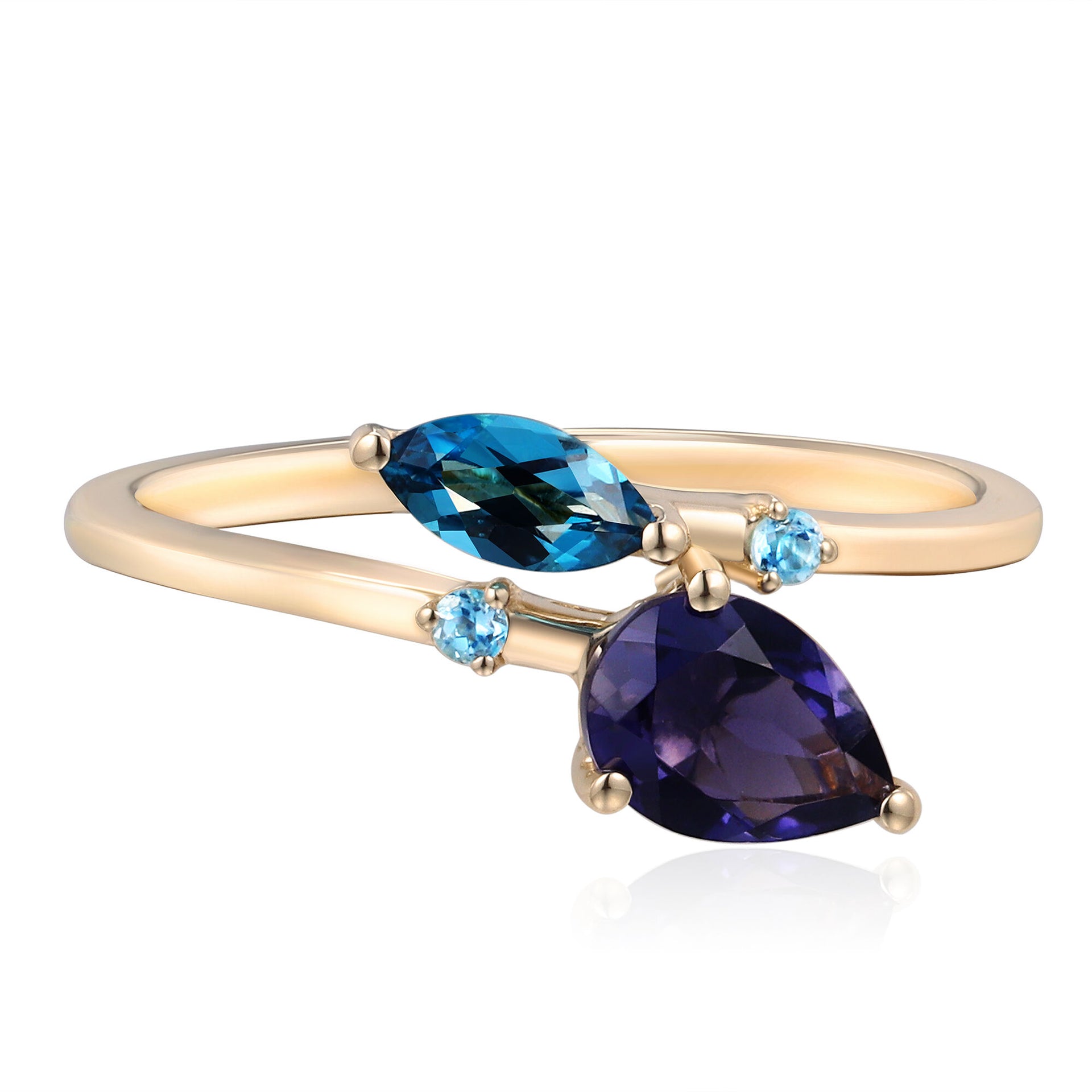 Bypass Ring with Iolite, London Blue Topaz and Swiss Blue Topaz in 10K Yellow Gold