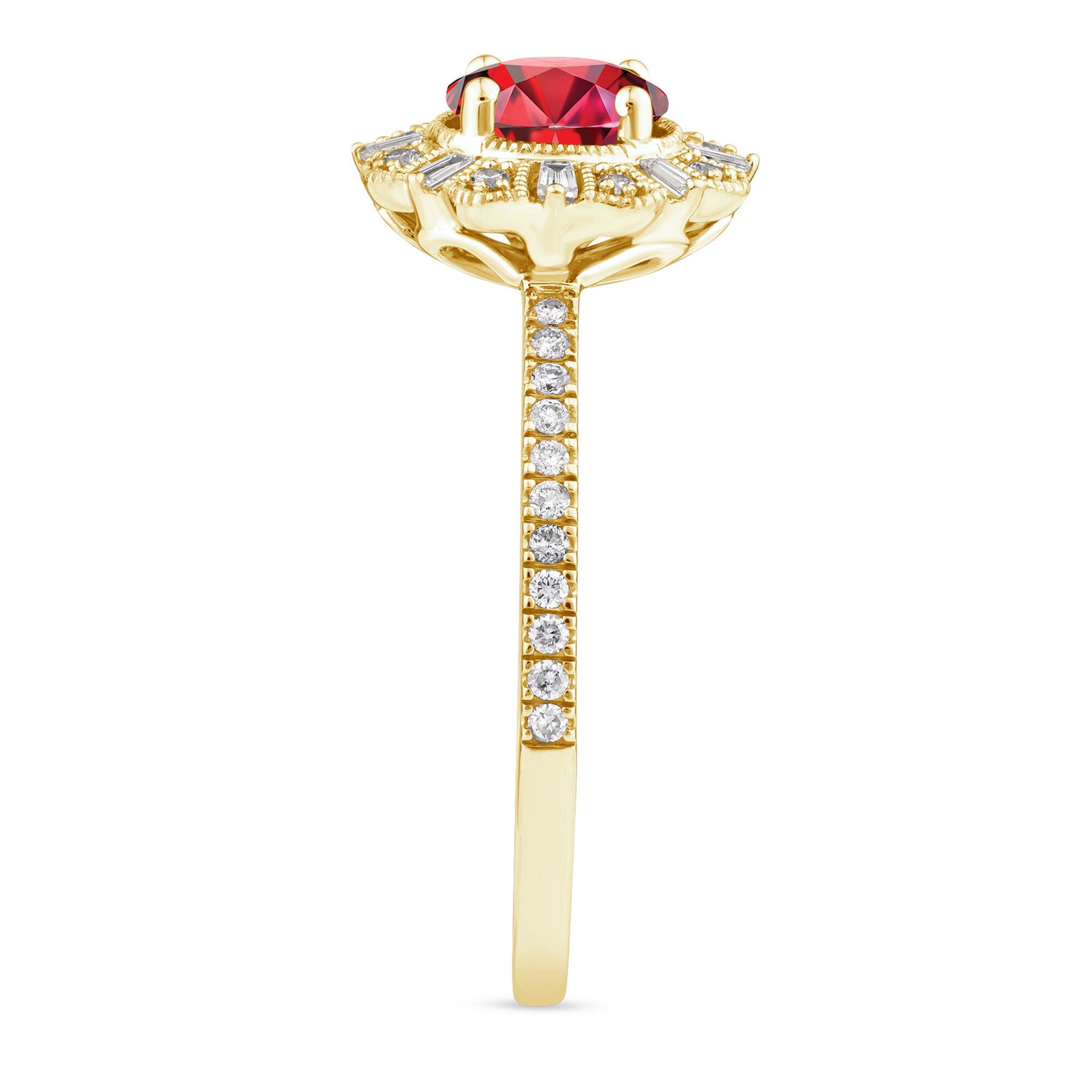 Ruby and Diamond Vintage Halo Ring in 10K Yellow Gold (1/4 ct. tw.)