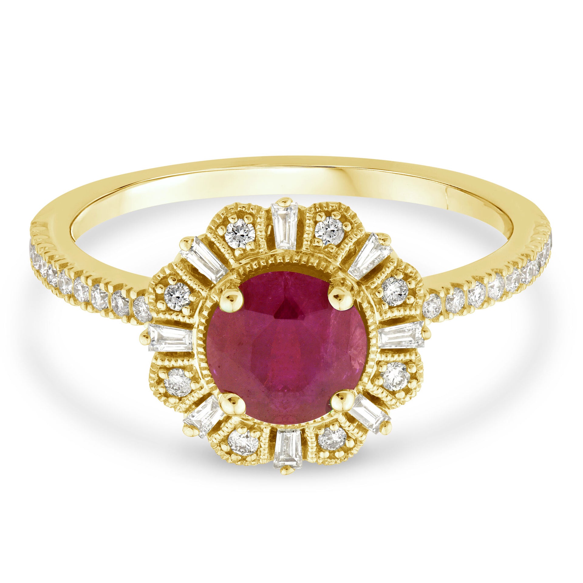 Ruby and Diamond Vintage Halo Ring in 10K Yellow Gold (1/4 ct. tw.)