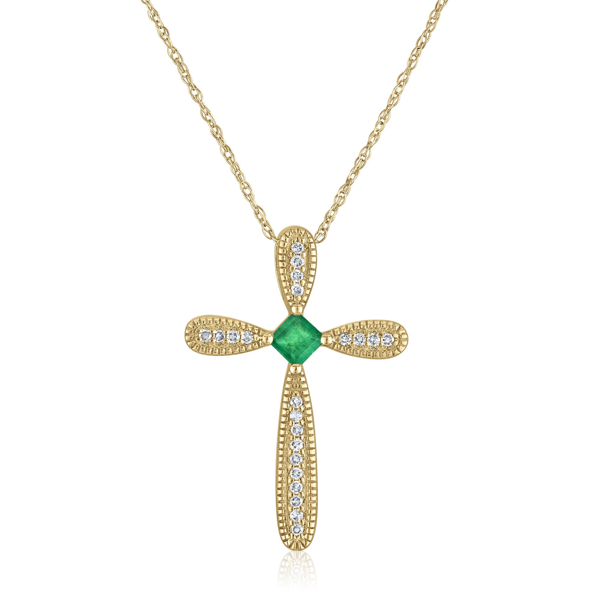 Emerald Cross Pendant in 14K Yellow Gold (1/10 ct. tw.)