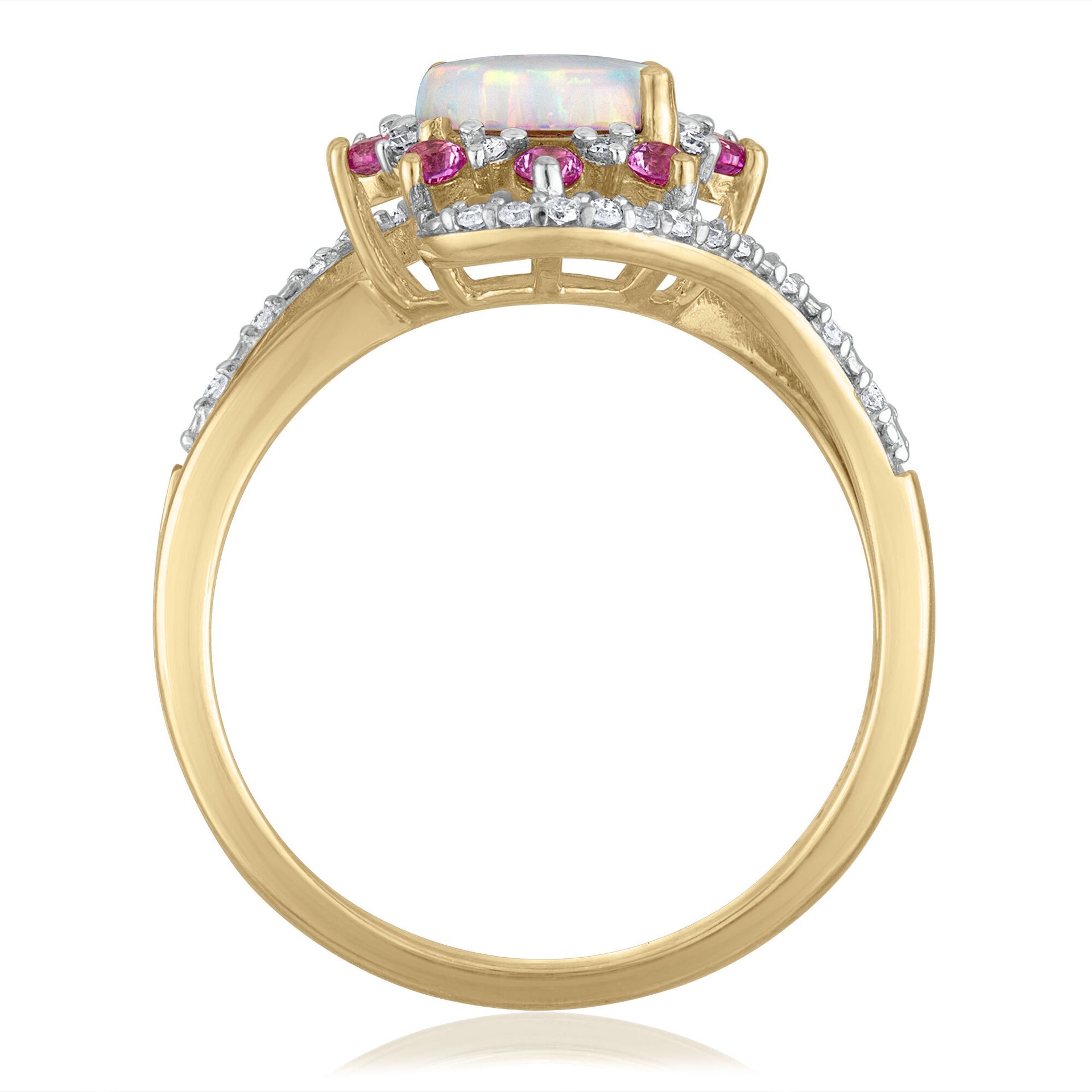 Lab-Created Opal, Pink Sapphire and Diamond Ring in 10K Yellow Gold (1/8 ct. tw.)