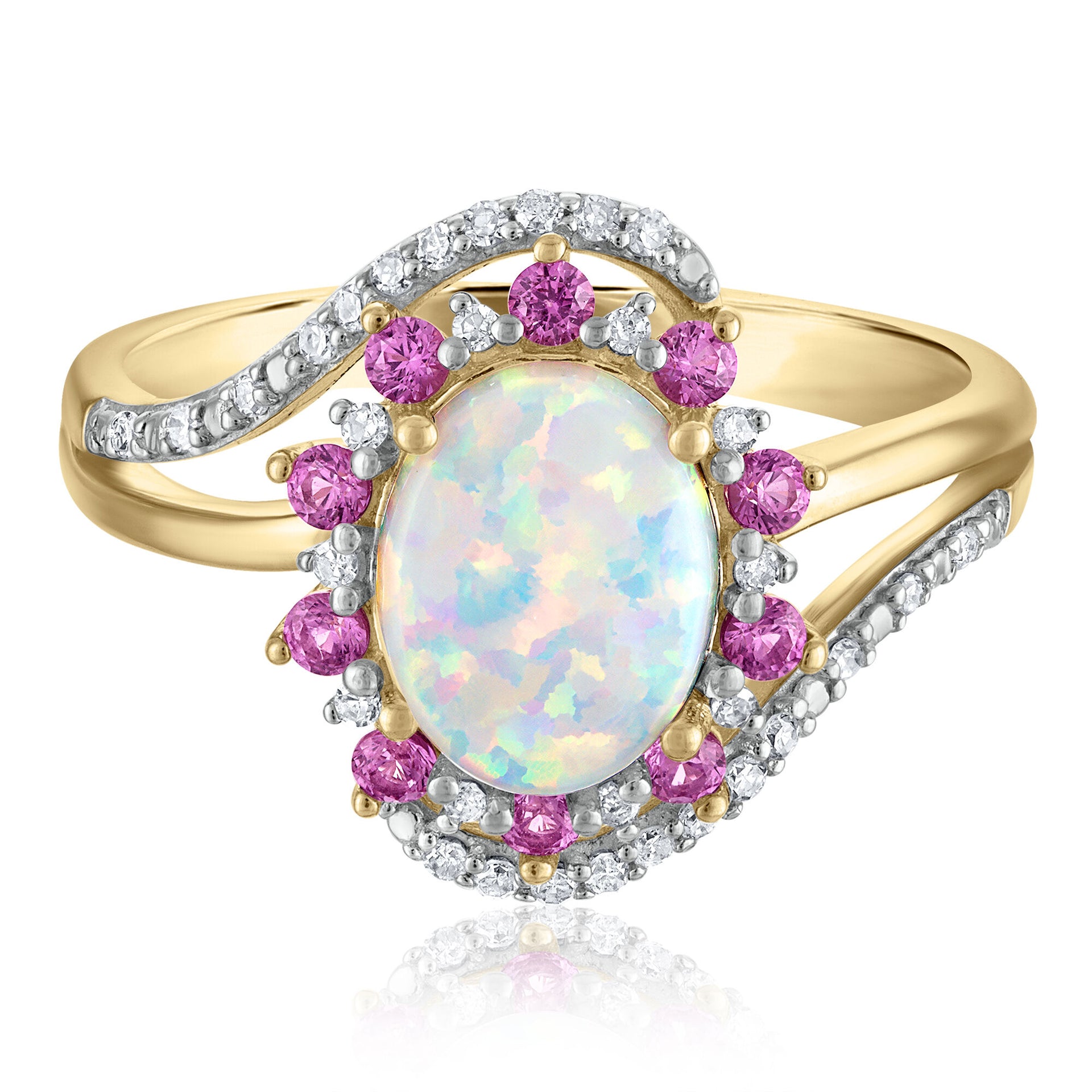 Lab-Created Opal, Pink Sapphire and Diamond Ring in 10K Yellow Gold (1/8 ct. tw.)