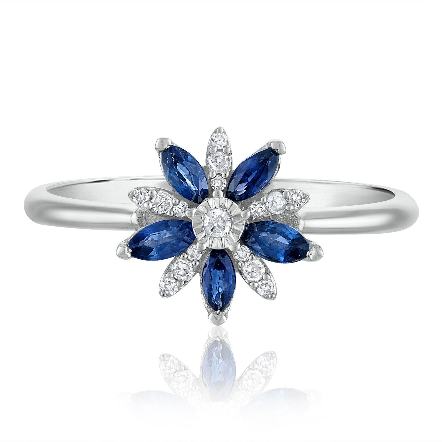 Blue Sapphire and Diamond Accent Floral Ring in 10K White Gold