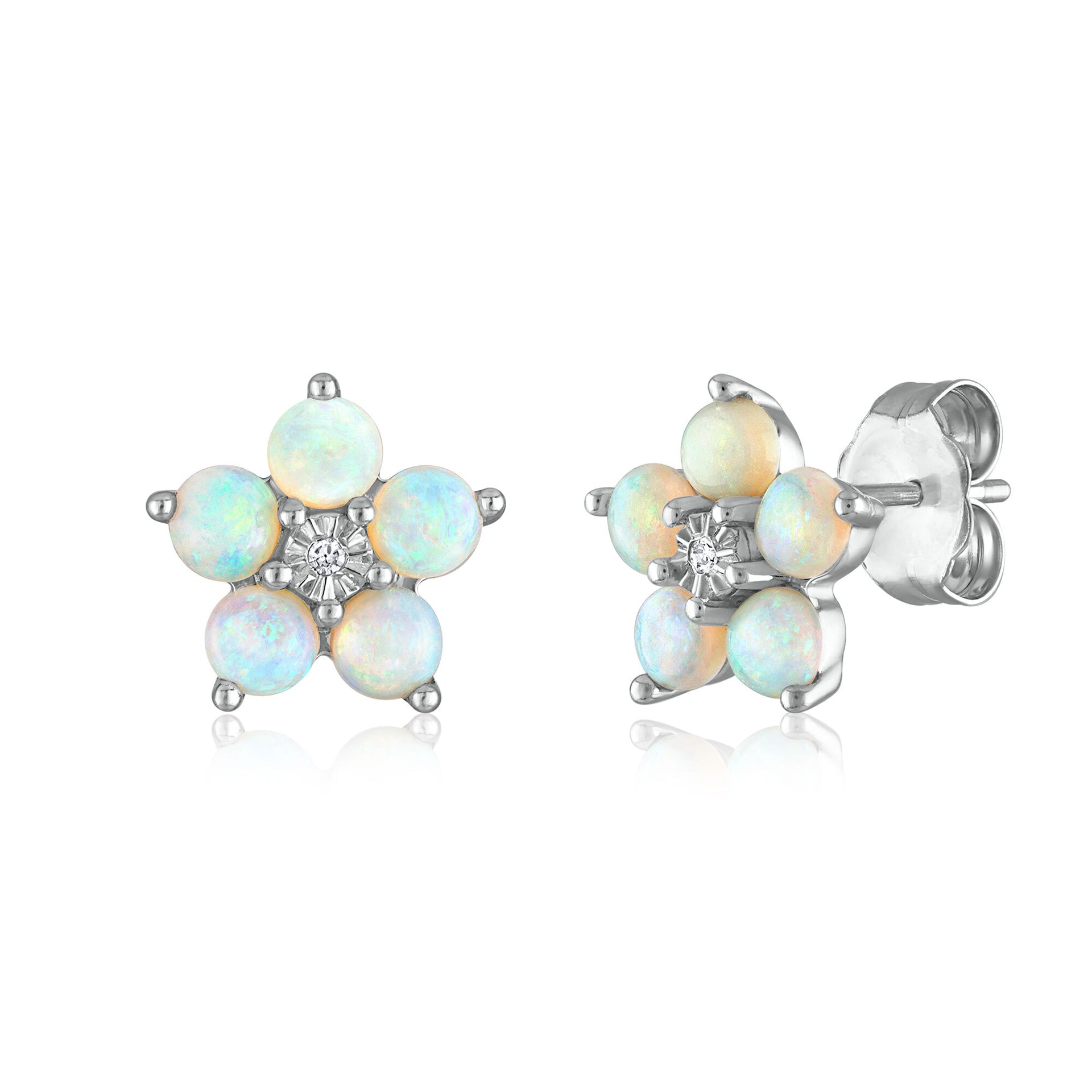 Opal & Diamond Accent Flower Earrings in 14K White Gold