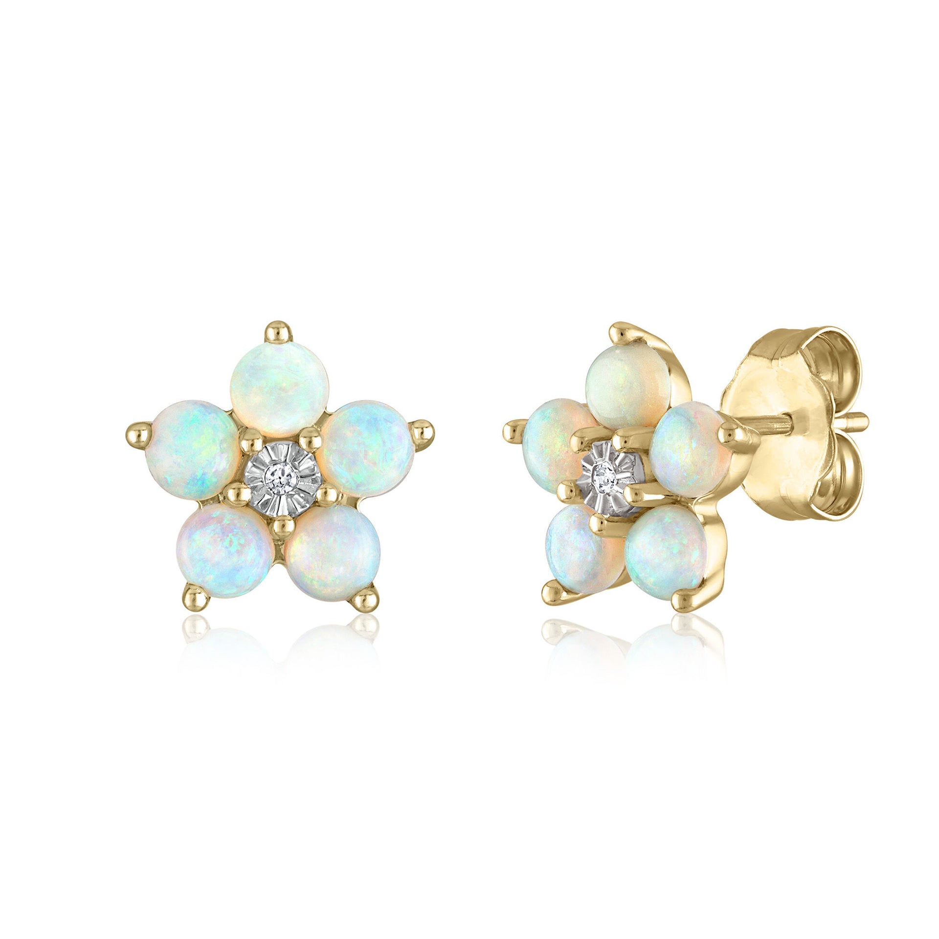Opal & Diamond Accent Flower Earrings in 14K Yellow Gold