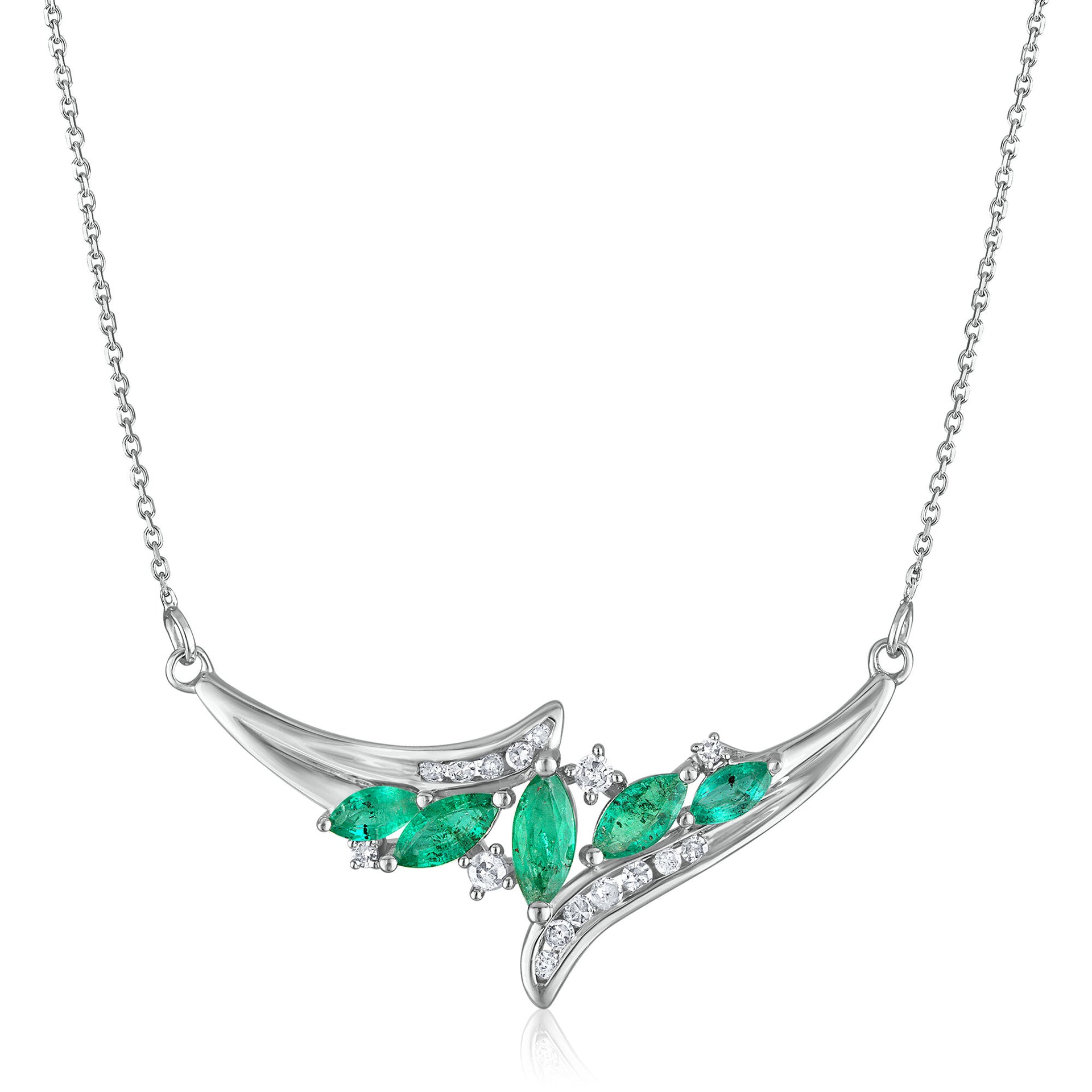 Diamond and Marquise Emerald Necklace in 14K White Gold (1/7 ct. tw)