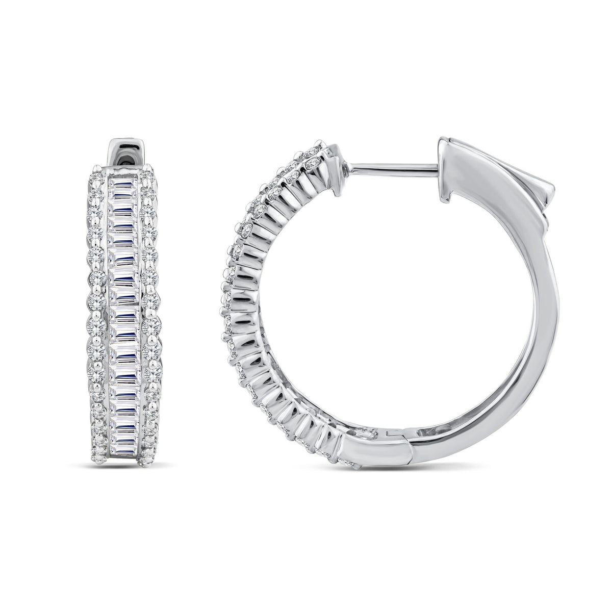 Baguette and Round Diamond Hoop Earrings in 14K White Gold (1 1/2 ct. tw.)