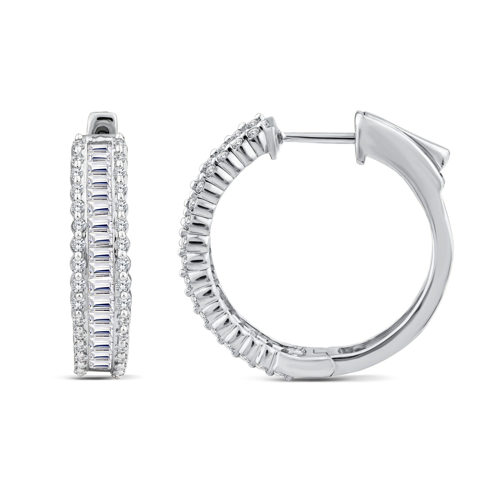 Baguette and Round Diamond Hoop Earrings in 14K White Gold (1 1/2 ct. tw.)