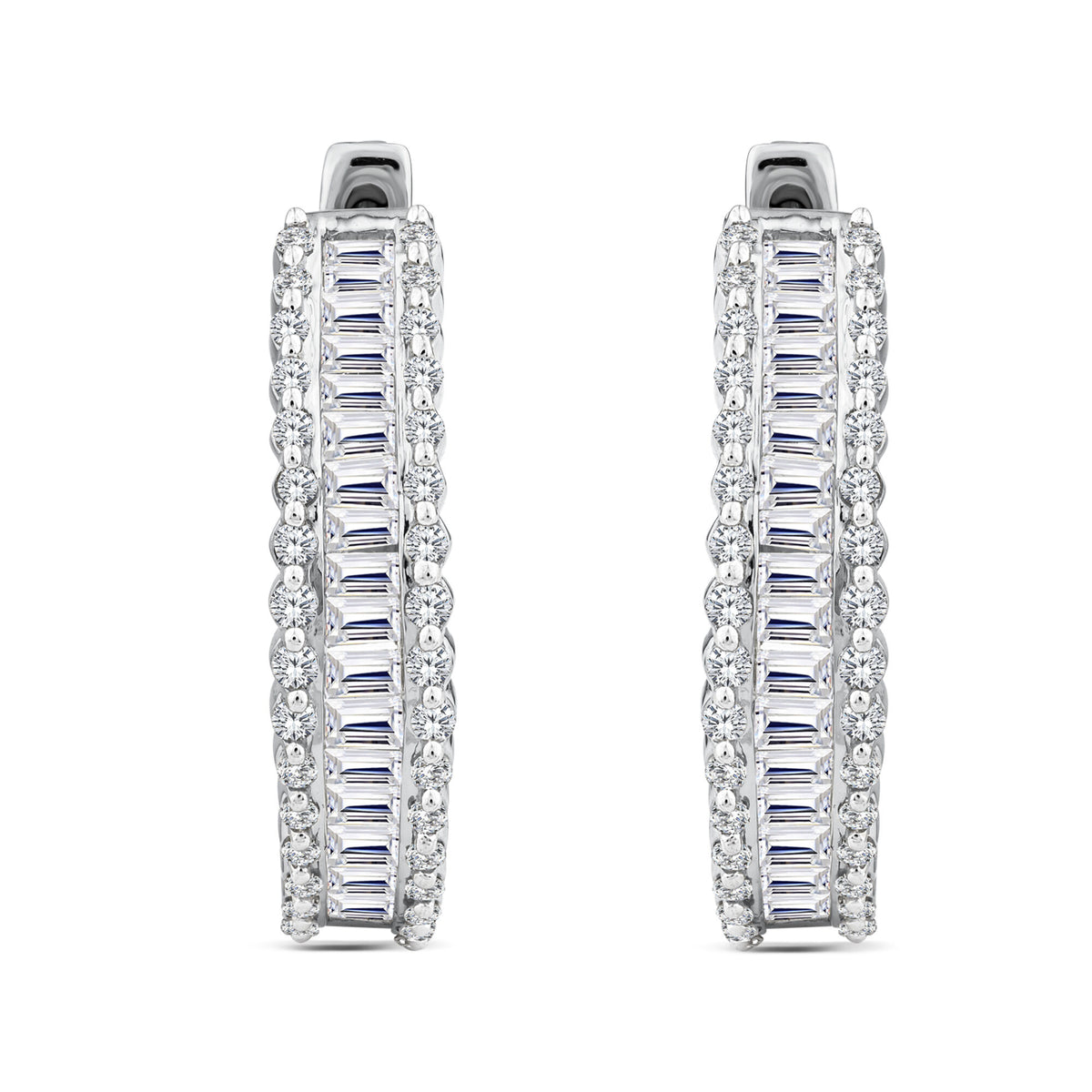 Baguette and Round Diamond Hoop Earrings in 14K White Gold (1 1/2 ct. tw.)