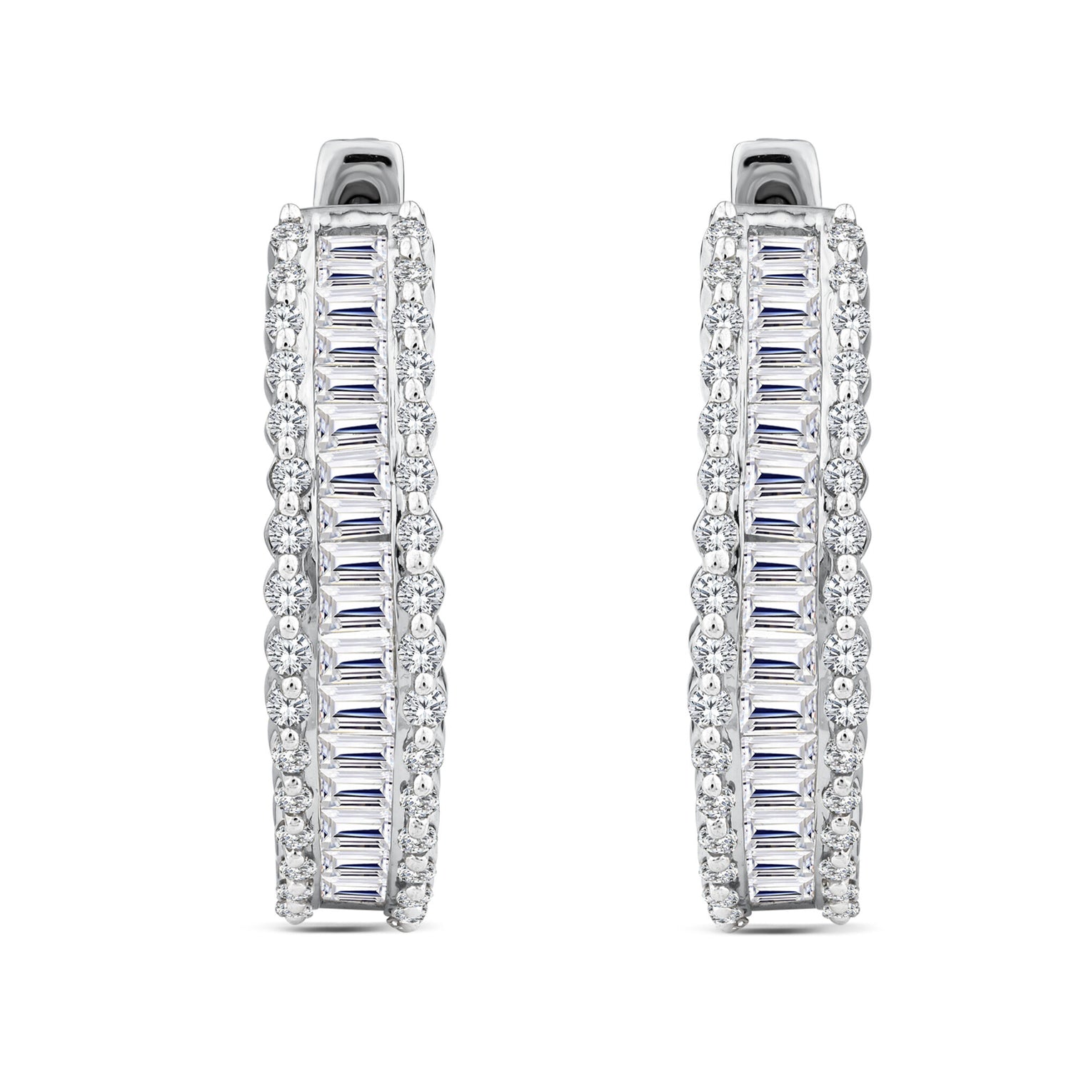 Baguette and Round Diamond Hoop Earrings in 14K White Gold (1 1/2 ct. tw.)
