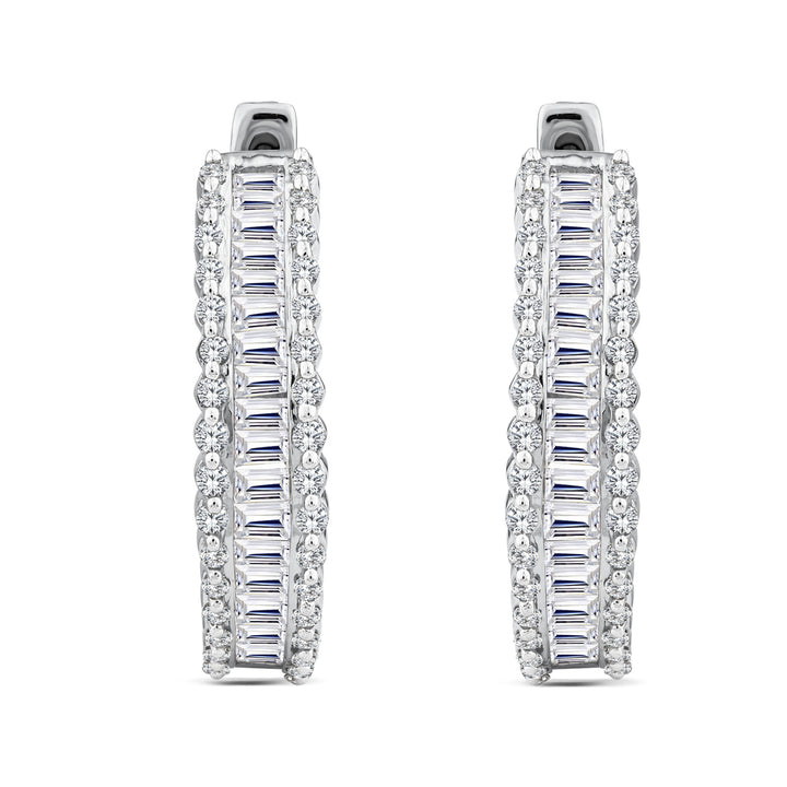 Baguette and Round Diamond Hoop Earrings in 14K White Gold (1 1/2 ct. tw.)