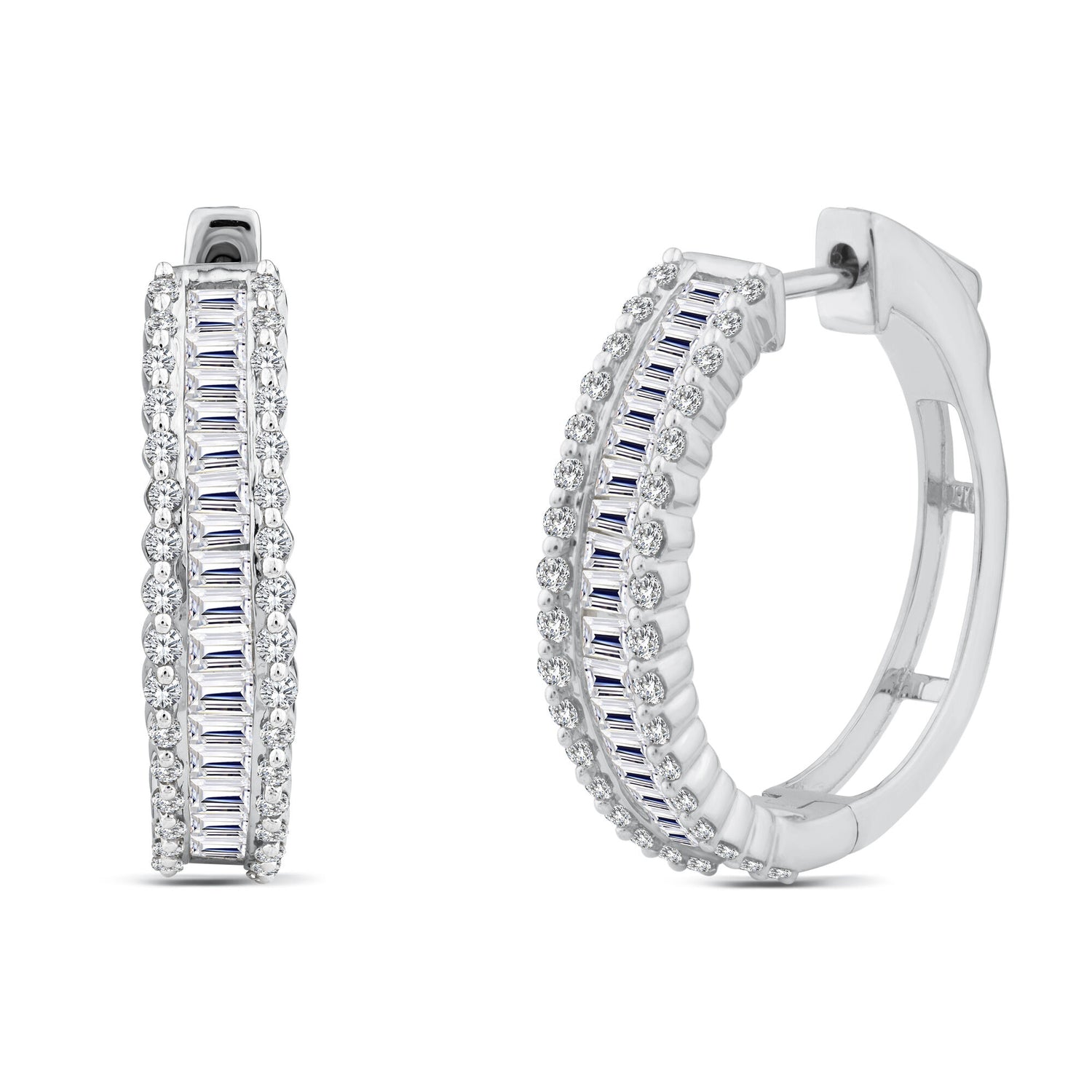 Baguette and Round Diamond Hoop Earrings in 14K White Gold (1 1/2 ct. tw.)