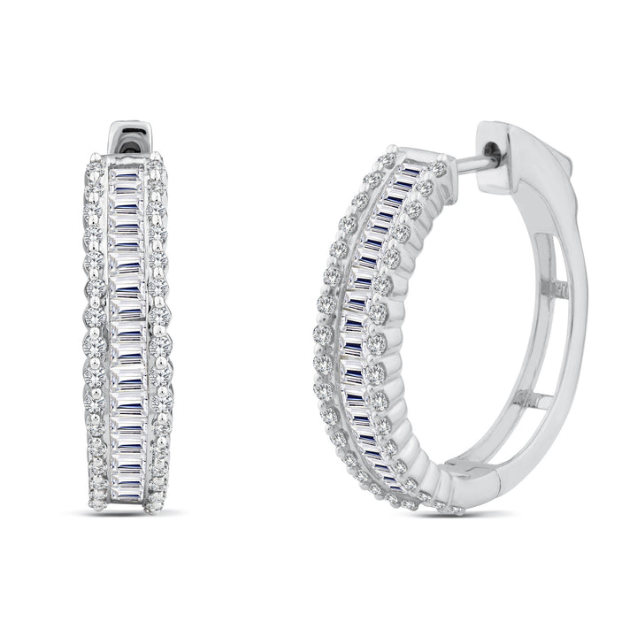 Baguette and Round Diamond Hoop Earrings in 14K White Gold (1 1/2 ct. tw.)