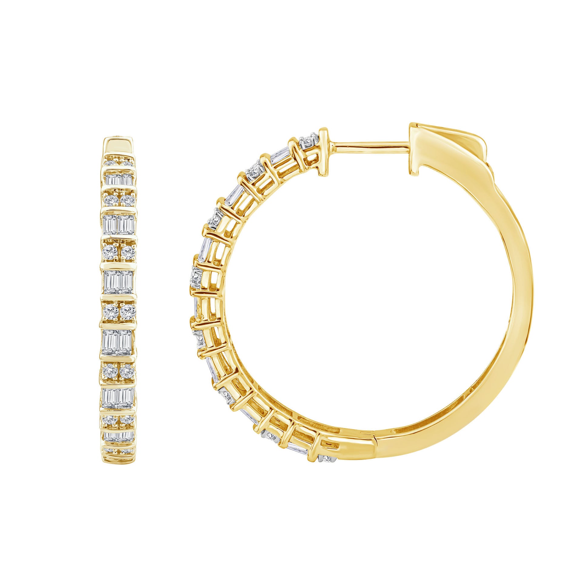 Round and Baguette Diamond Hoop Earrings in 14K Yellow Gold (1 ct. tw.)