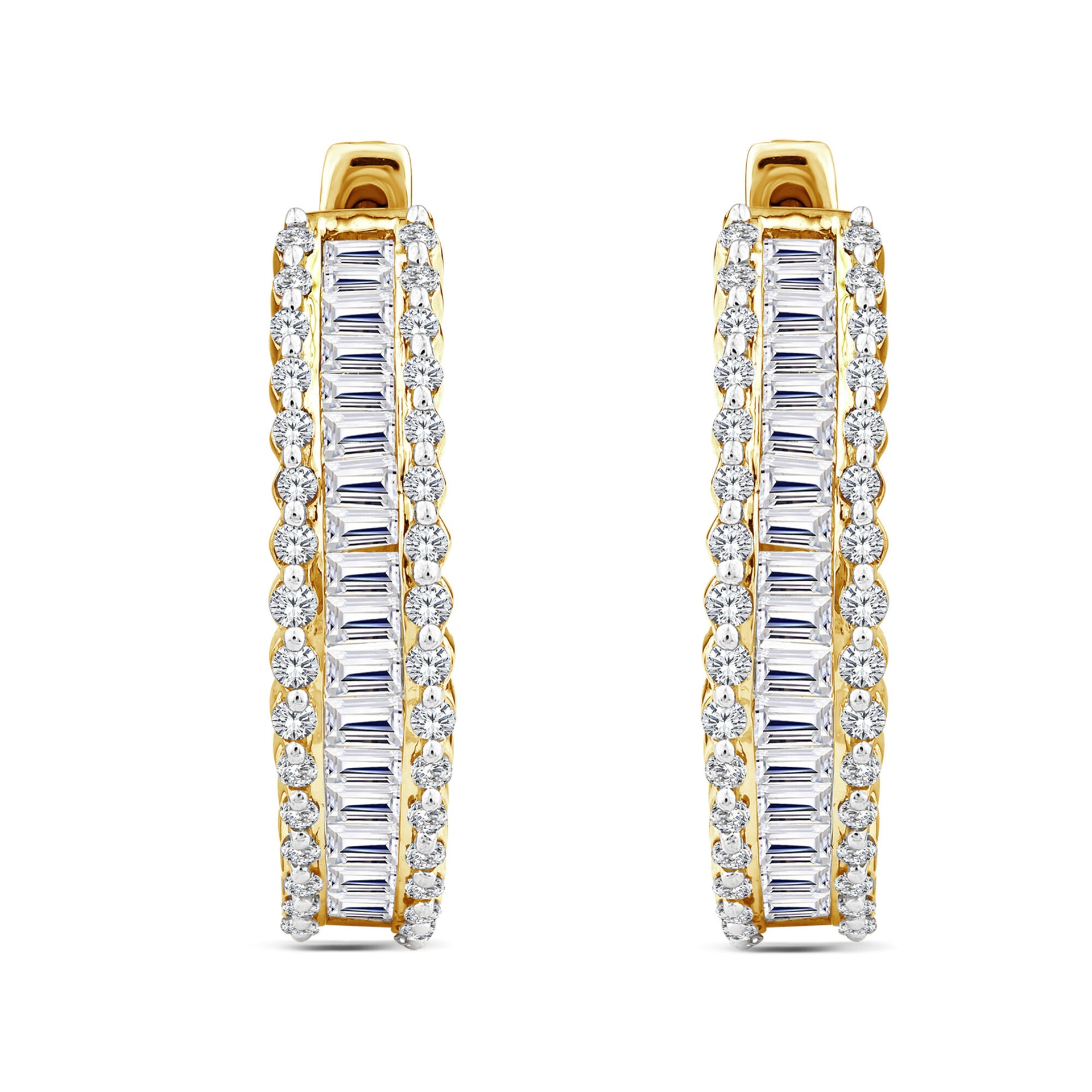 Baguette and Round Diamond Hoop Earrings in 14K Yellow Gold (1 1/2 ct. tw.)