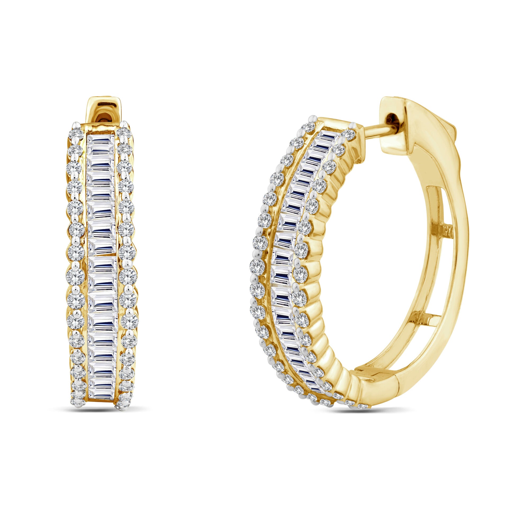 Baguette and Round Diamond Hoop Earrings in 14K Yellow Gold (1 1/2 ct. tw.)