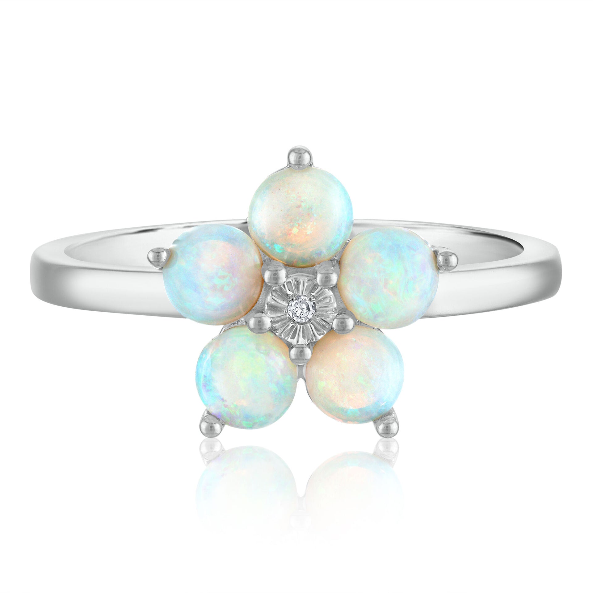 Opal & Diamond Accent Flower Ring in 14K White Gold