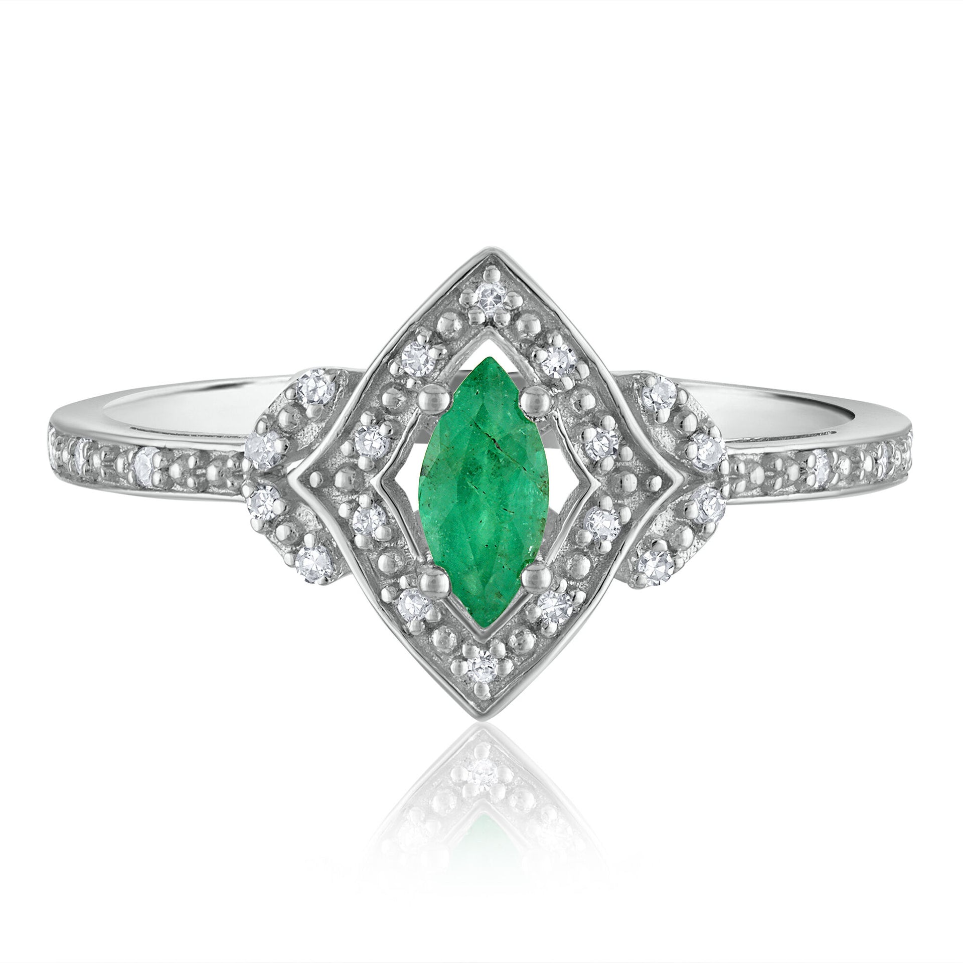 Marquise Emerald & Diamond Ring in 14K White Gold