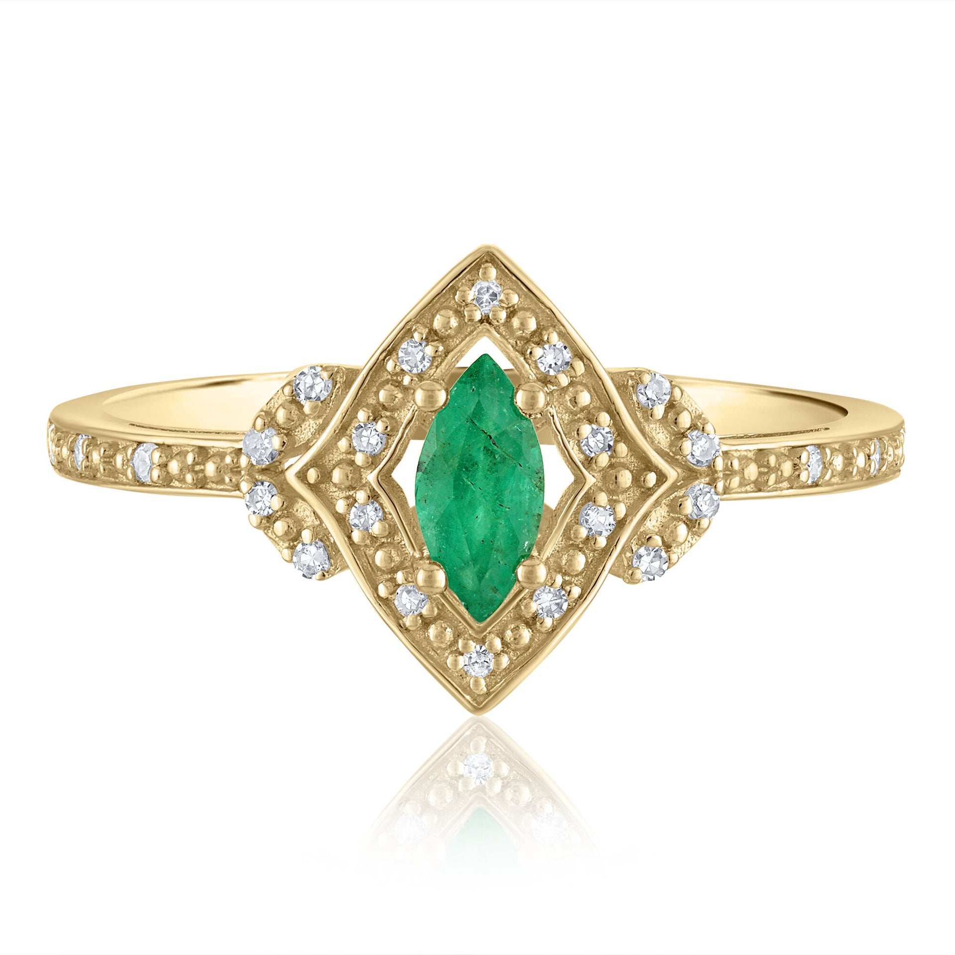 Marquise Emerald & Diamond Ring in 14K Yellow Gold