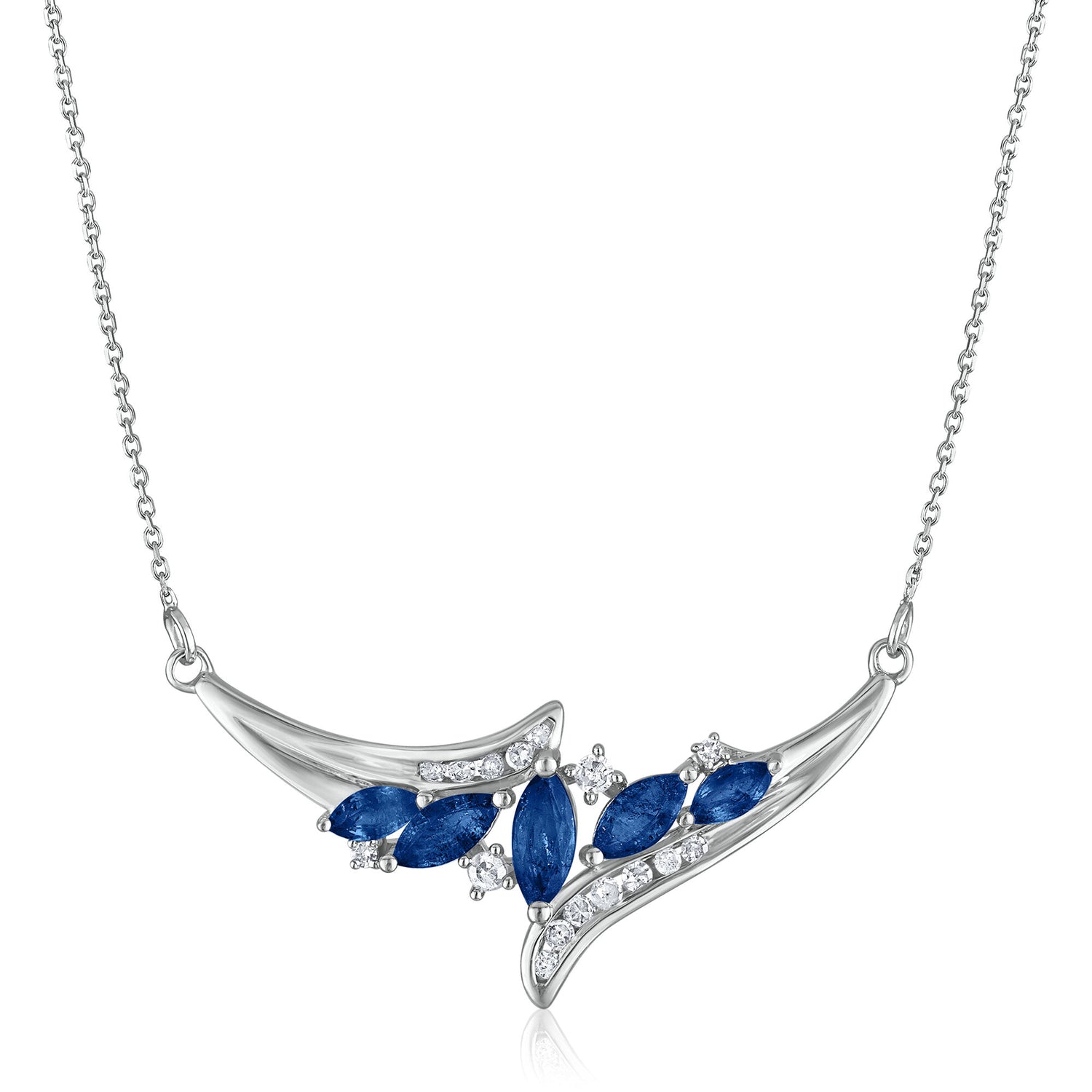 Diamond and Marquise Blue Sapphire Necklace in 14K White Gold, 1/7 ct. tw