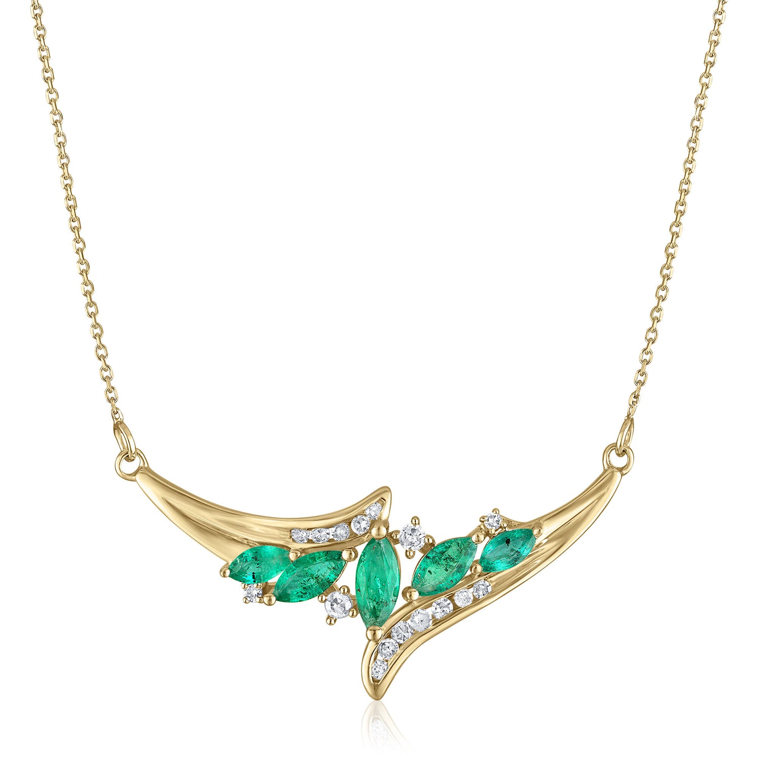 Diamond and Marquise Emerald Necklace in 14K Yellow Gold, 1/7 ct. tw