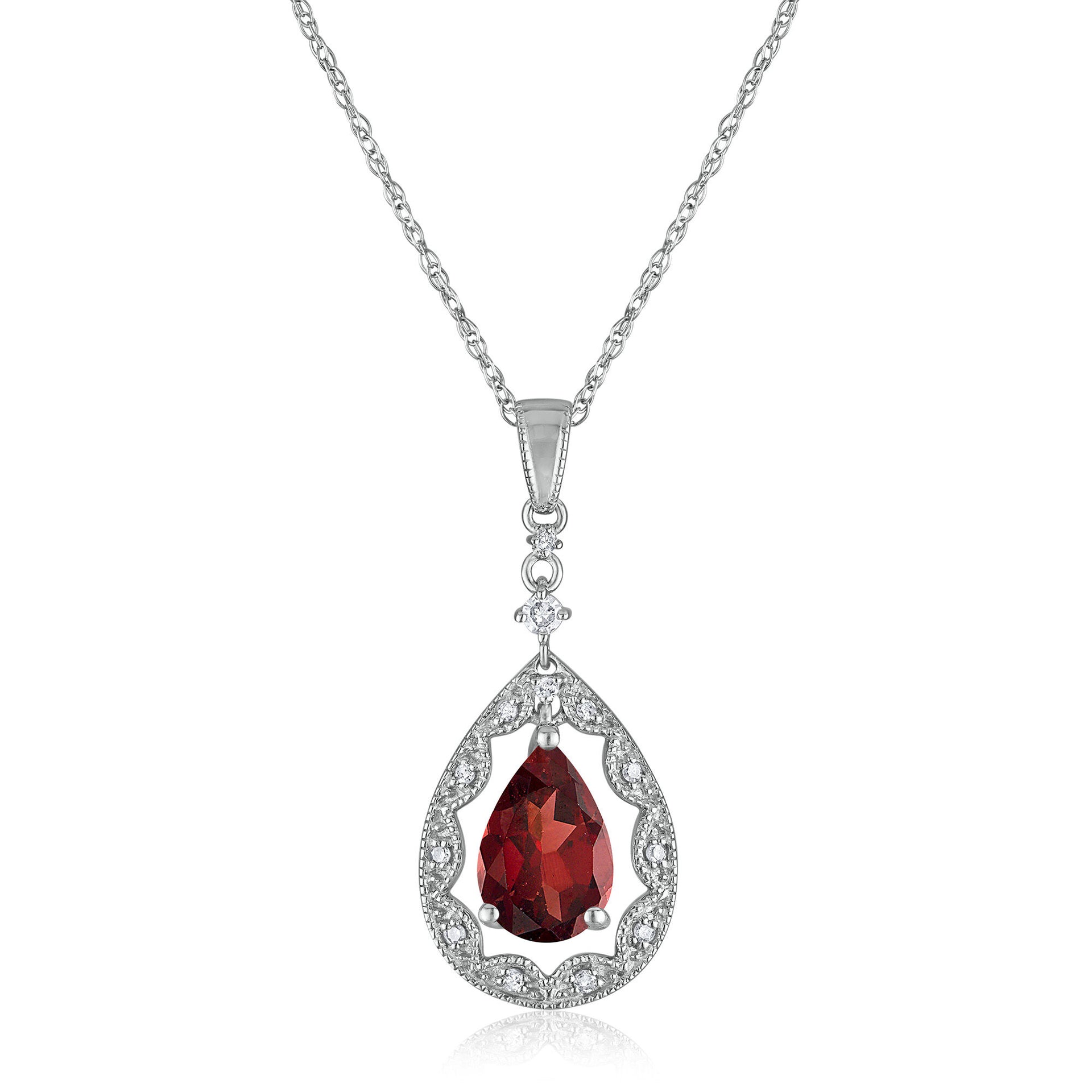 Pear-Shaped Garnet and Diamond Accent Necklace in 14K White Gold