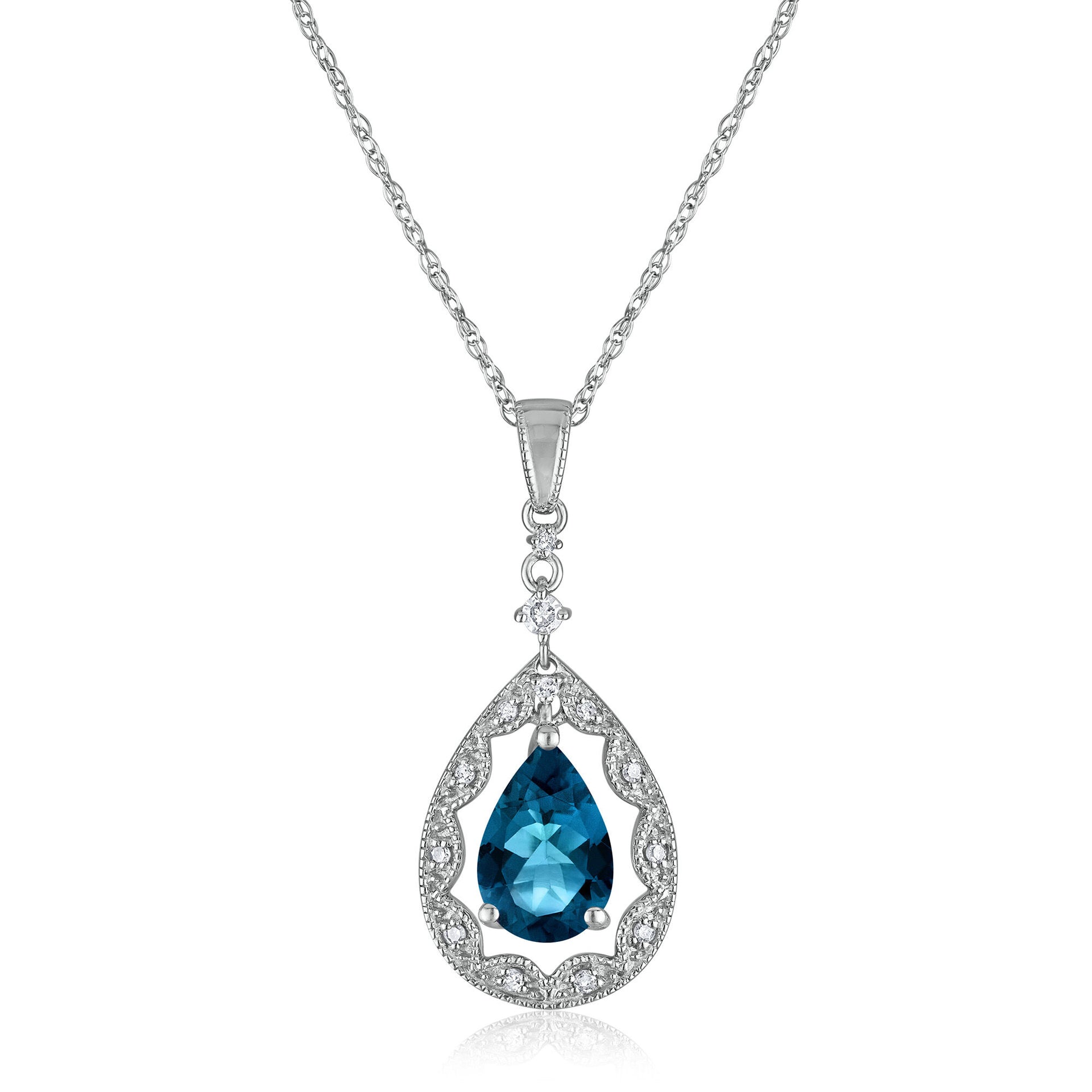 Pear-Shaped London Blue Topaz and Diamond Accent Necklace in 14K White Gold